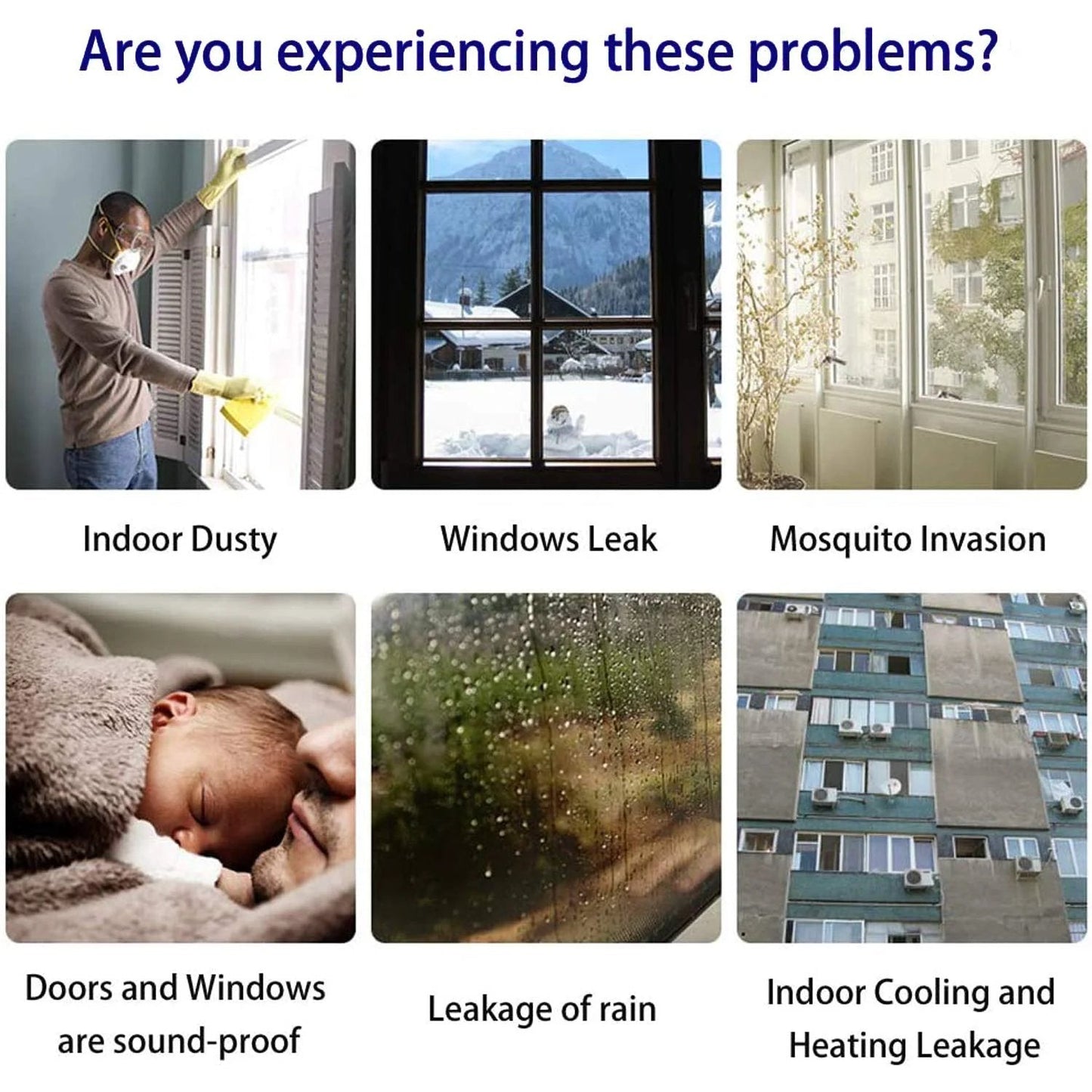 Image showing common home issues like indoor dust, window leaks, and soundproof doors revealing problems to address.