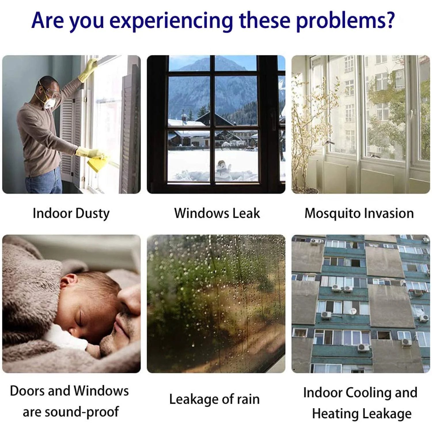 Image showing common home issues like indoor dust, window leaks, and soundproof doors revealing problems to address.
