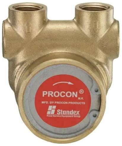 Front view of IPW Industries Inc-Procon (112A100F11AA200) Rotary Vane Series 2 brass pump with clamp-on 3/8" NPT connections.