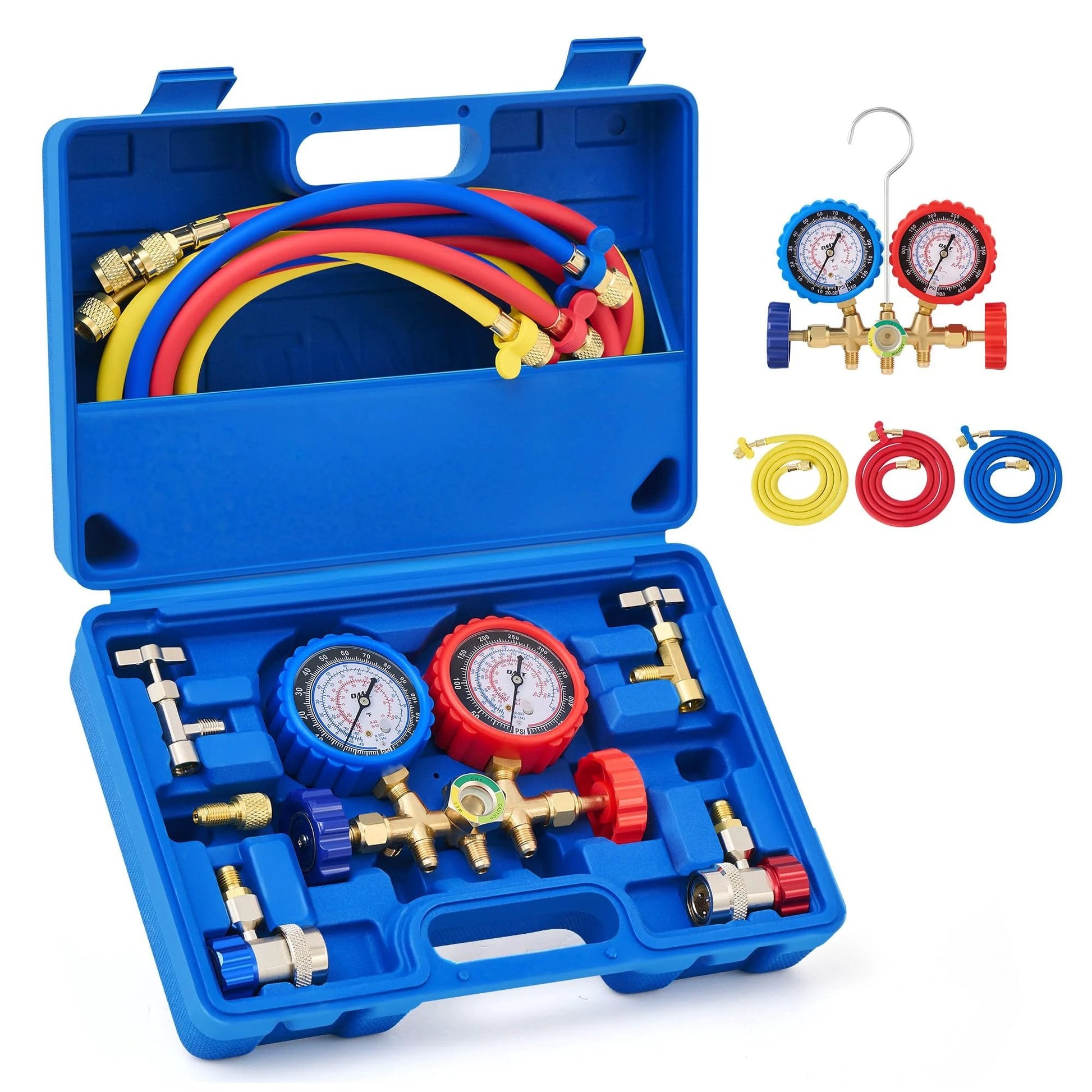 Professional Three Way Car AC Gauges Kit With Five Foot Hoses R134a R12 R502 Refrigerant Compatibility Puncture And Self Sealing Can Tap Freon Charge Kit Includes Couplers And Adapter Pro Grade Durable Orion Motor Tech Brand in a blue carrying case.