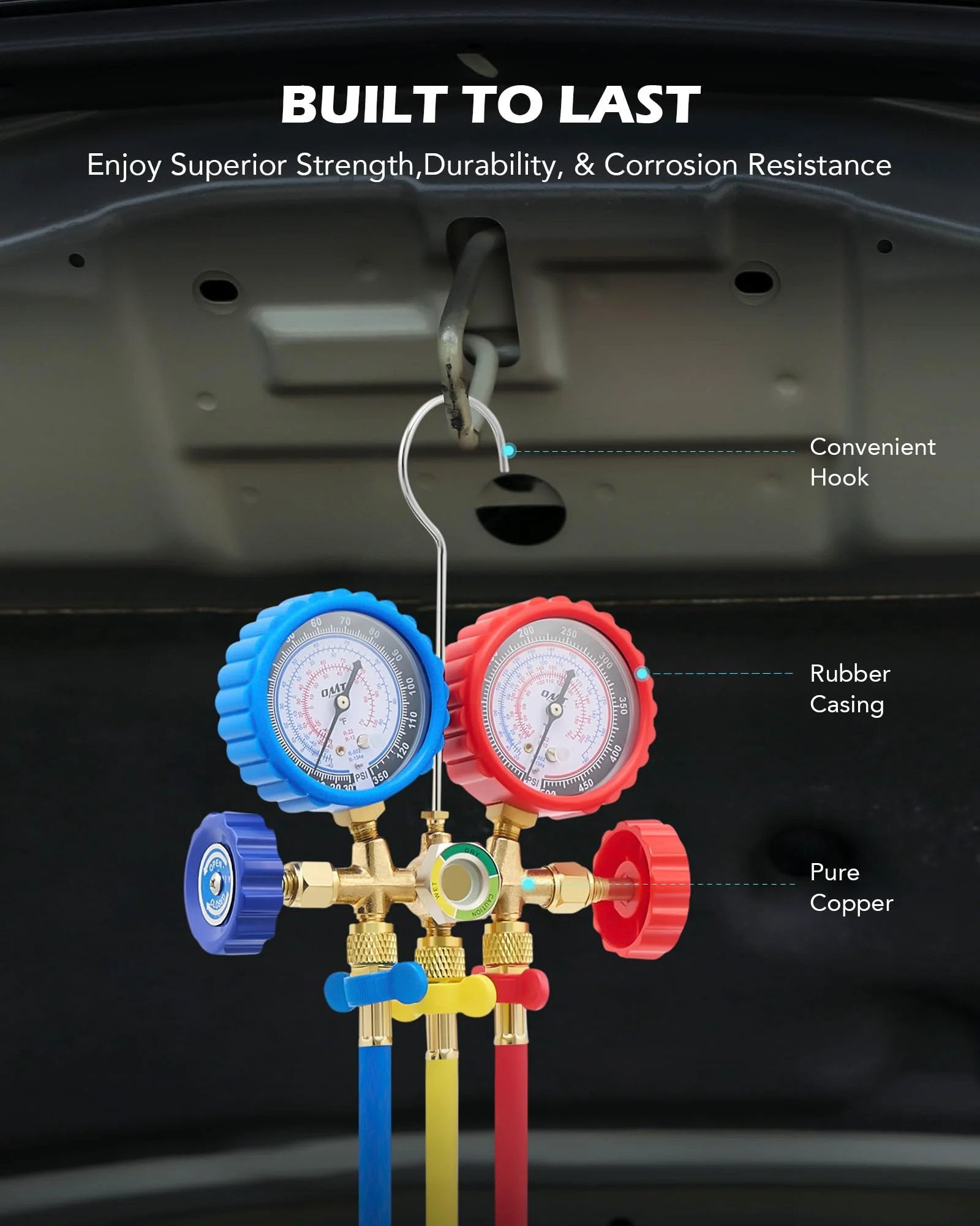 Professional Three Way Car AC Gauges Kit With Five Foot Hoses R134a R12 R502 Refrigerant Compatibility Puncture And Self Sealing Can Tap Freon Charge Kit Includes Couplers And Adapter Pro Grade Durable Orion Motor Tech Brand close-up view of gauges with rubber casing and colour-coded hoses