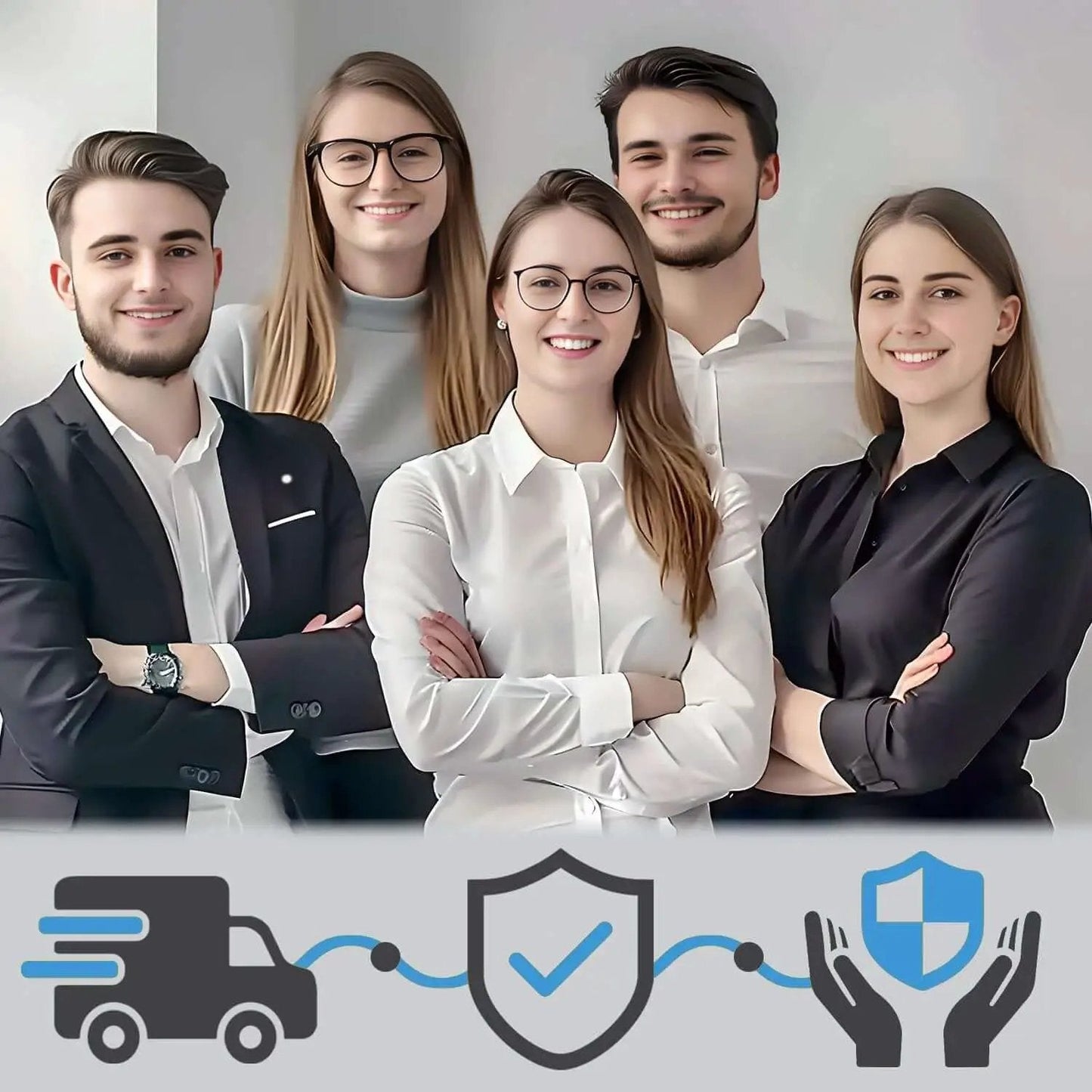 Group of five professionals smiling, wearing business attire, with delivery and protection icons below.