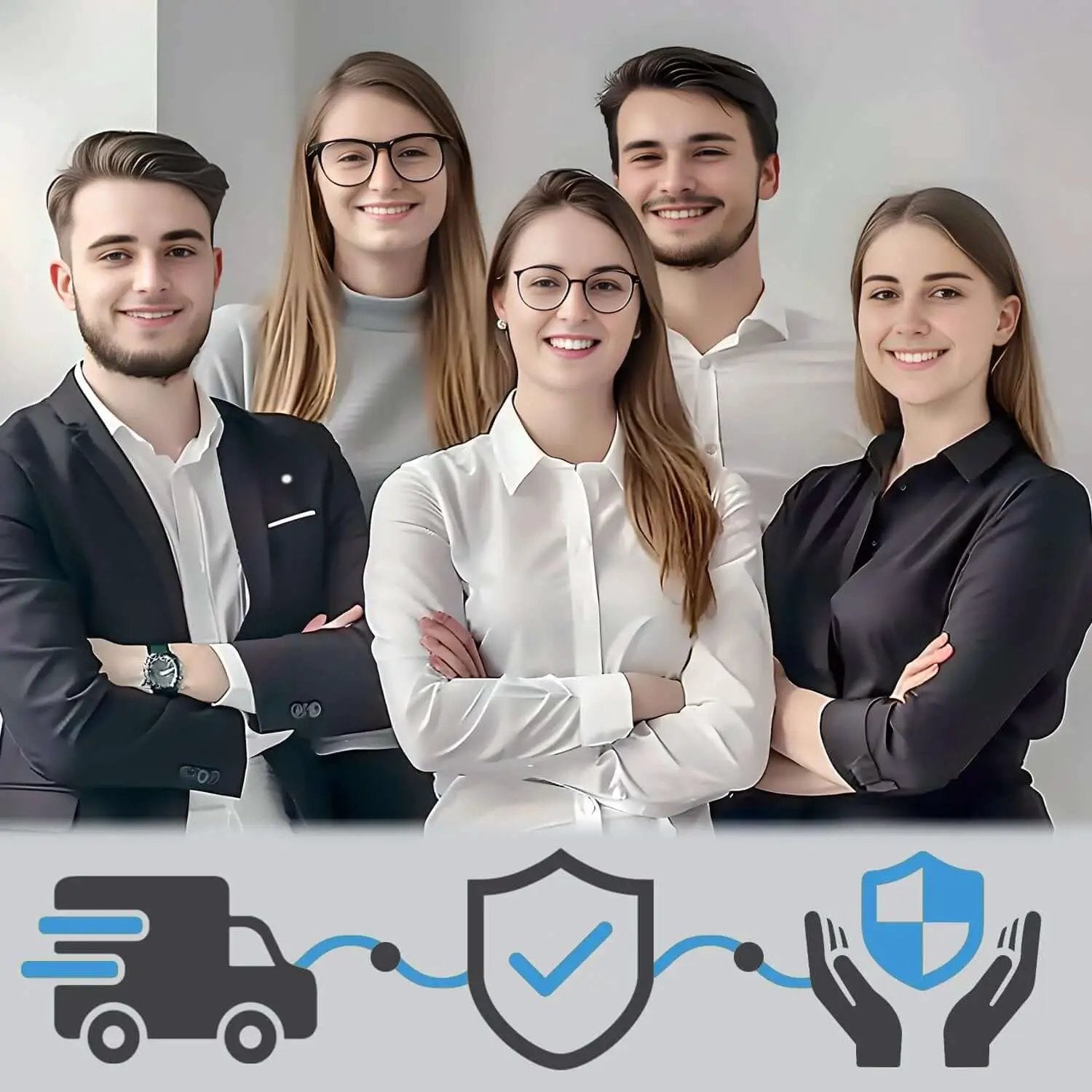 Group of five professionals smiling, wearing business attire, with delivery and protection icons below.