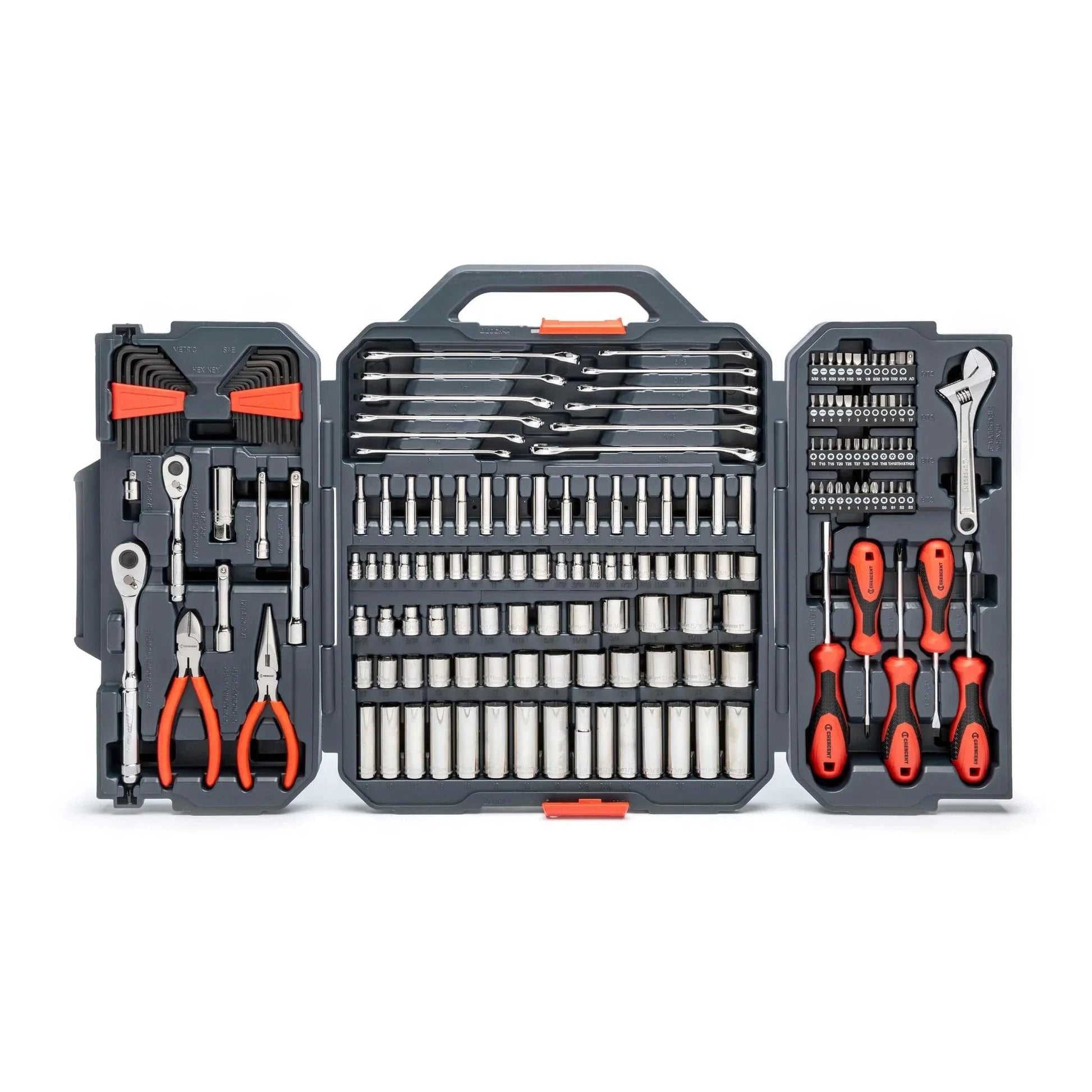 180 Piece Professional Tool Set in Tool Storage Case - CTK180 open view showing sockets, wrenches, pliers, and screwdrivers in a hard case