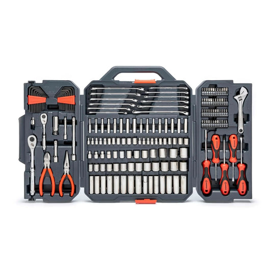 180 Piece Professional Tool Set in Tool Storage Case - CTK180 open view showing sockets, wrenches, pliers, and screwdrivers in a hard case