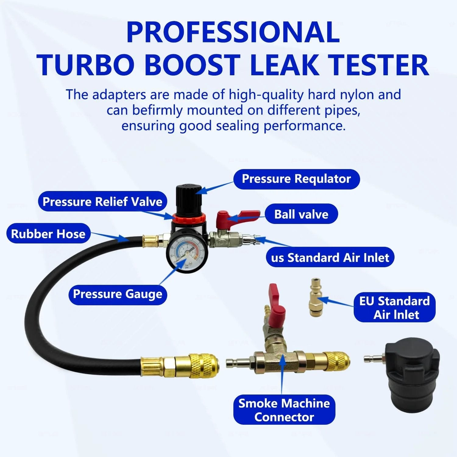 Pro Grade Turbo Leak Tester Kit For Boost Systems And Emissions, 19-Piece Set From ZKTOOL highlighting pressure gauge and adapters.