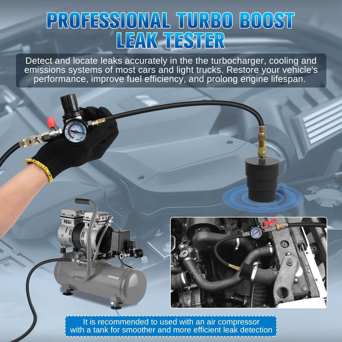 Turbo Boost Leak Tester Kit For Cars And Light Trucks, A 10 Piece Automotive Leak Tester, gauge and hose on engine.