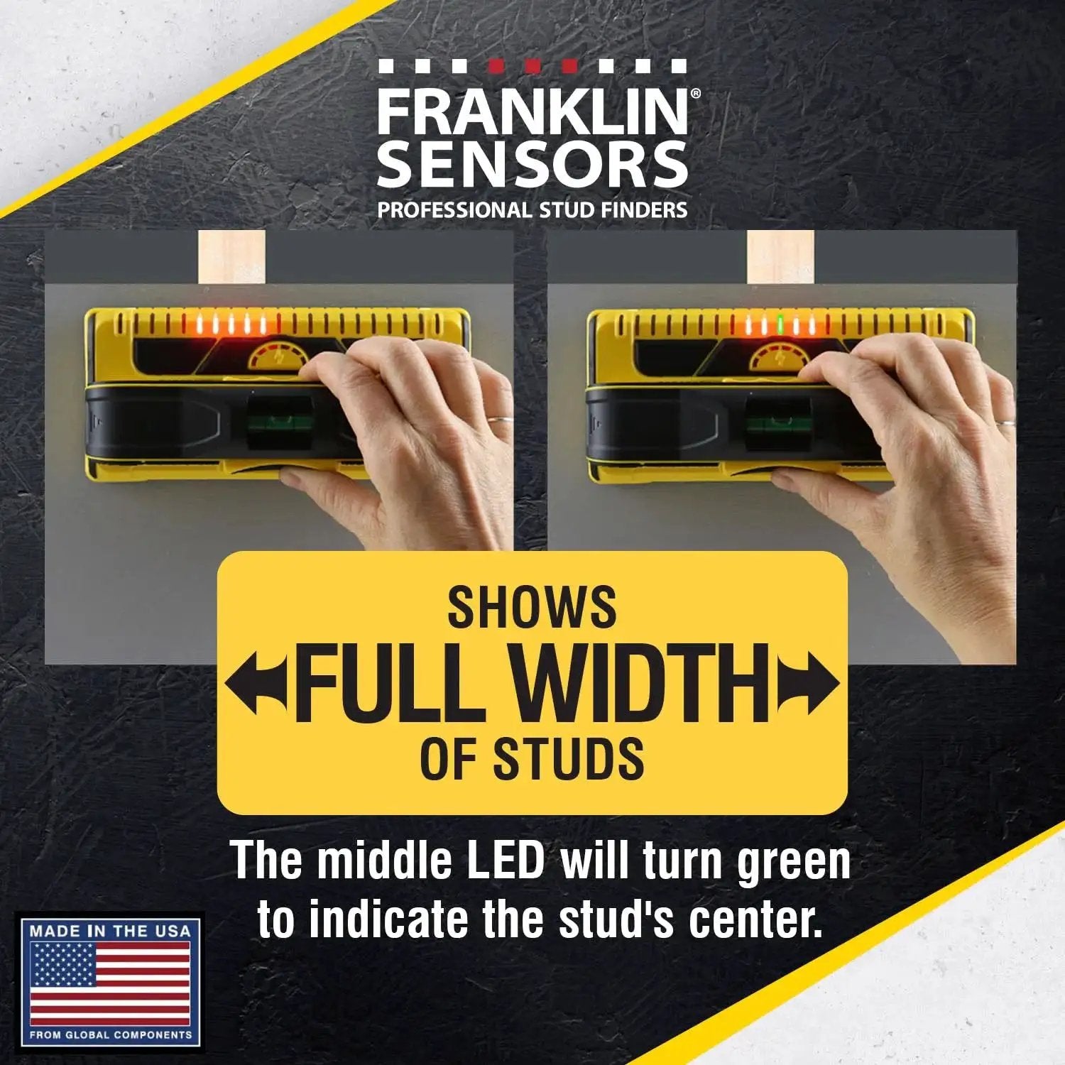 ProSensor M210 13-Sensor Stud Finder showing full width of studs behind wall with visible LED indicators.