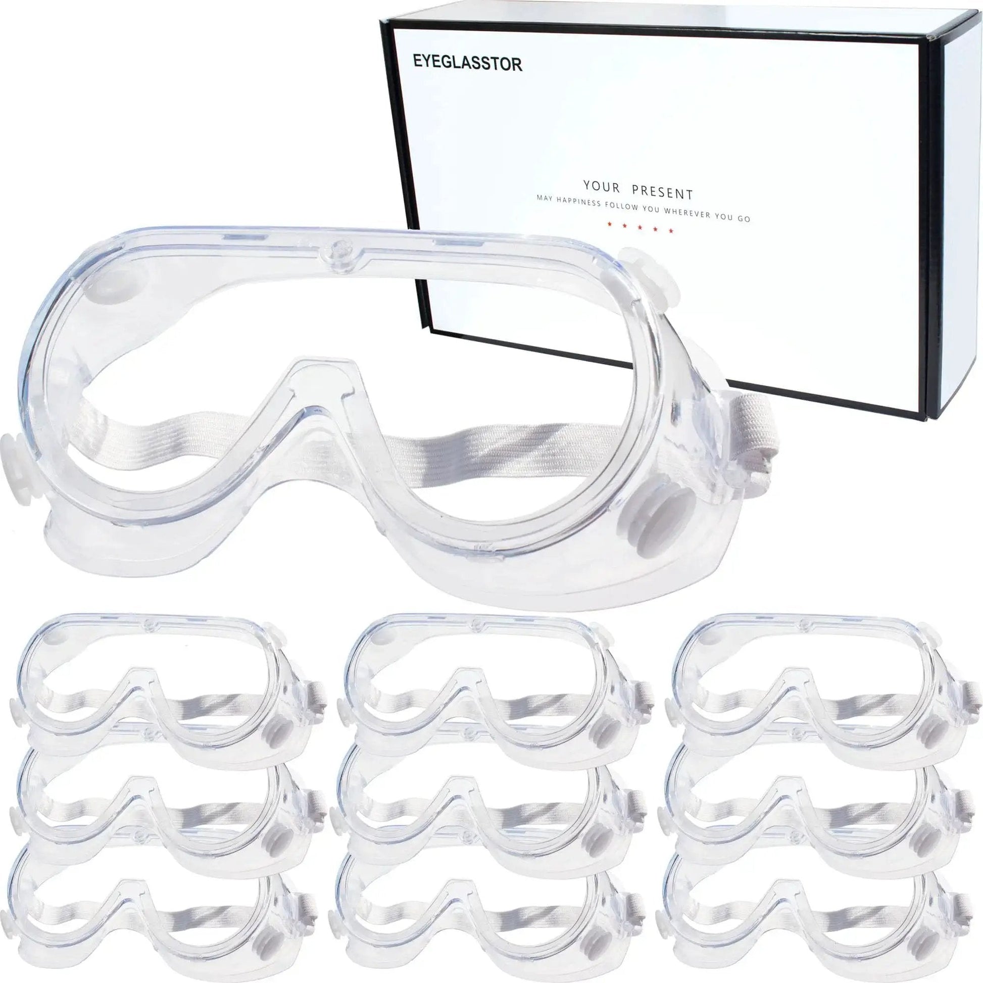 Protective Safety Goggles Anti Splash Wide Vision Fits Over Prescription Glasses in packaging, front view of multi-pack.