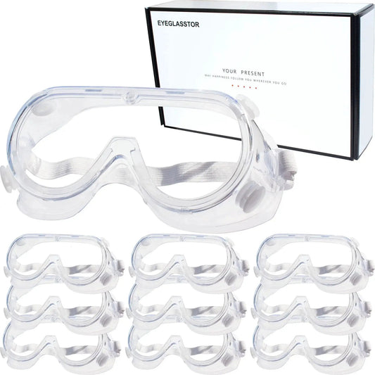 Protective Safety Goggles Anti Splash Wide Vision Fits Over Prescription Glasses in packaging, front view of multi-pack.