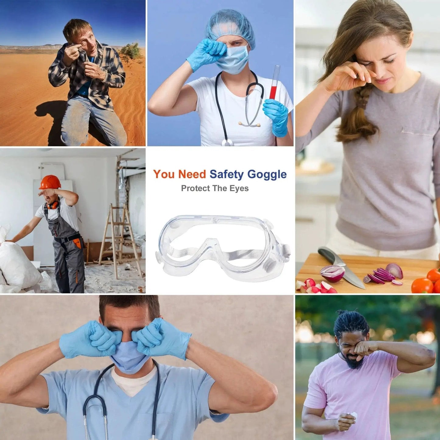 Collage of people needing Protective Safety Goggles Anti Splash Wide Vision Fits Over Prescription Glasses
