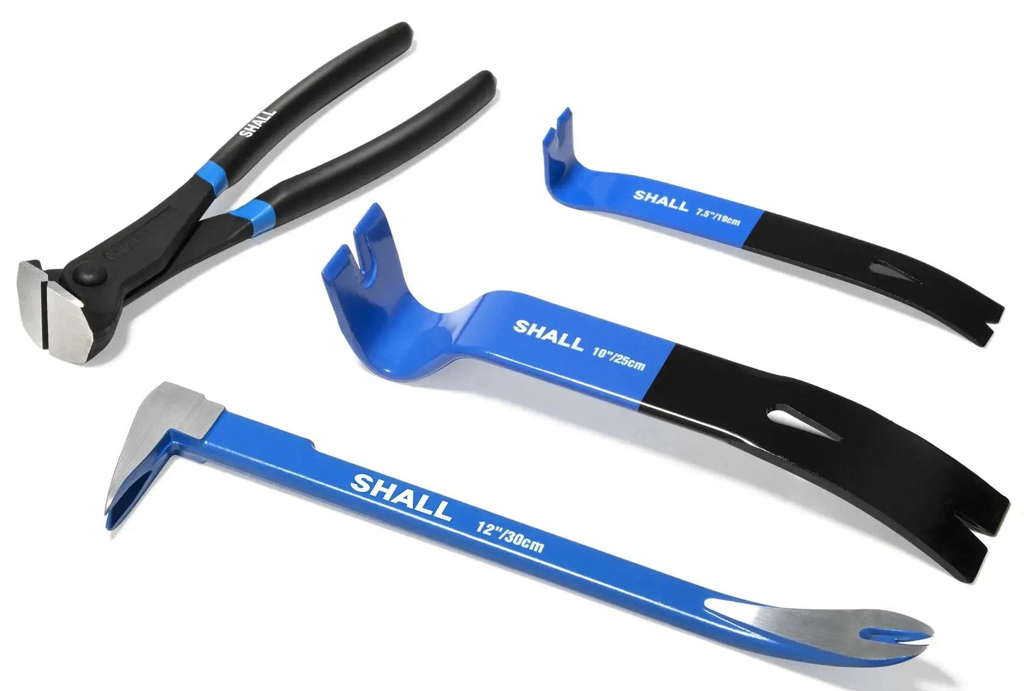 Versatile 4 Piece Pry Bar Set with a 12 inch cat's paw nail puller, 10 inch and 7.5 inch pry bars, and 8 inch end cutters