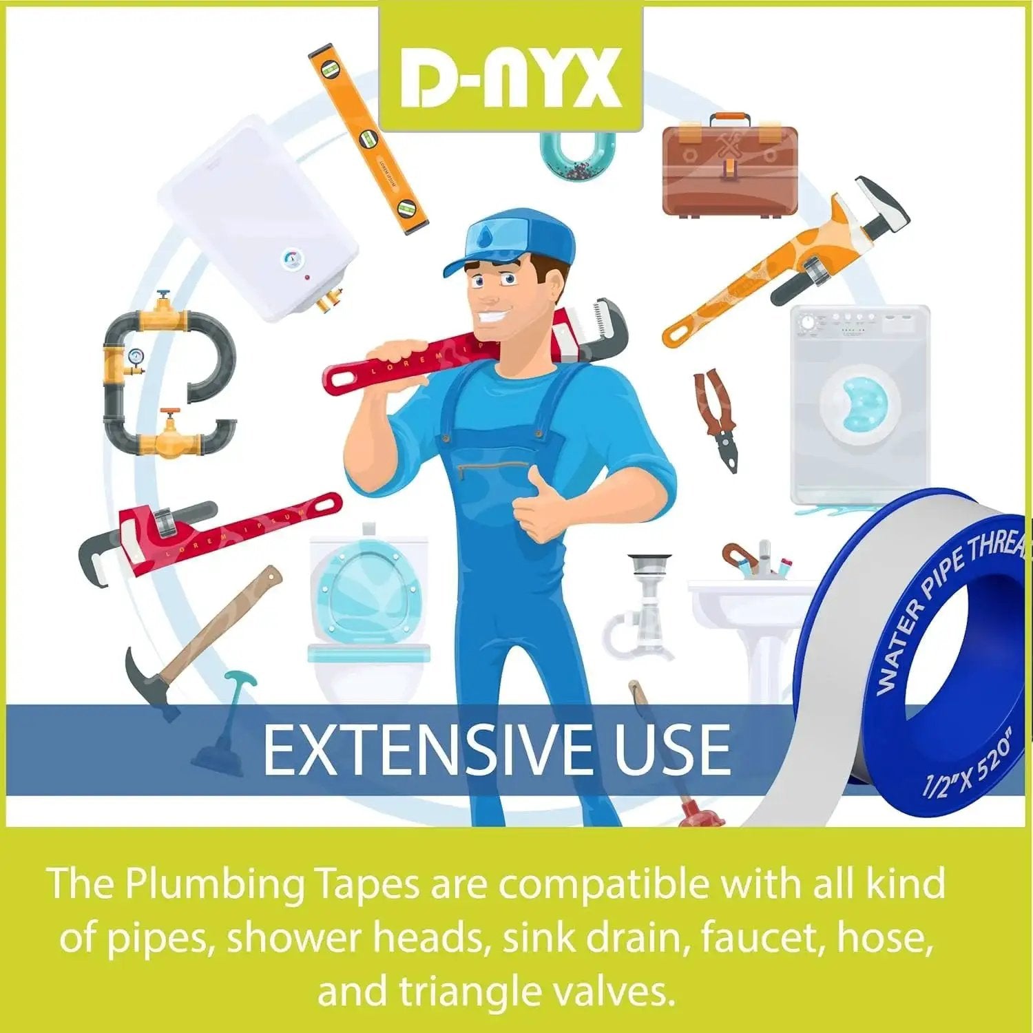Illustration of plumber with tools and Four Roll Pack Of Teflon Tape One Half Inch Wide Five Hundred Twenty Inches Long PTFE Thread Sealant