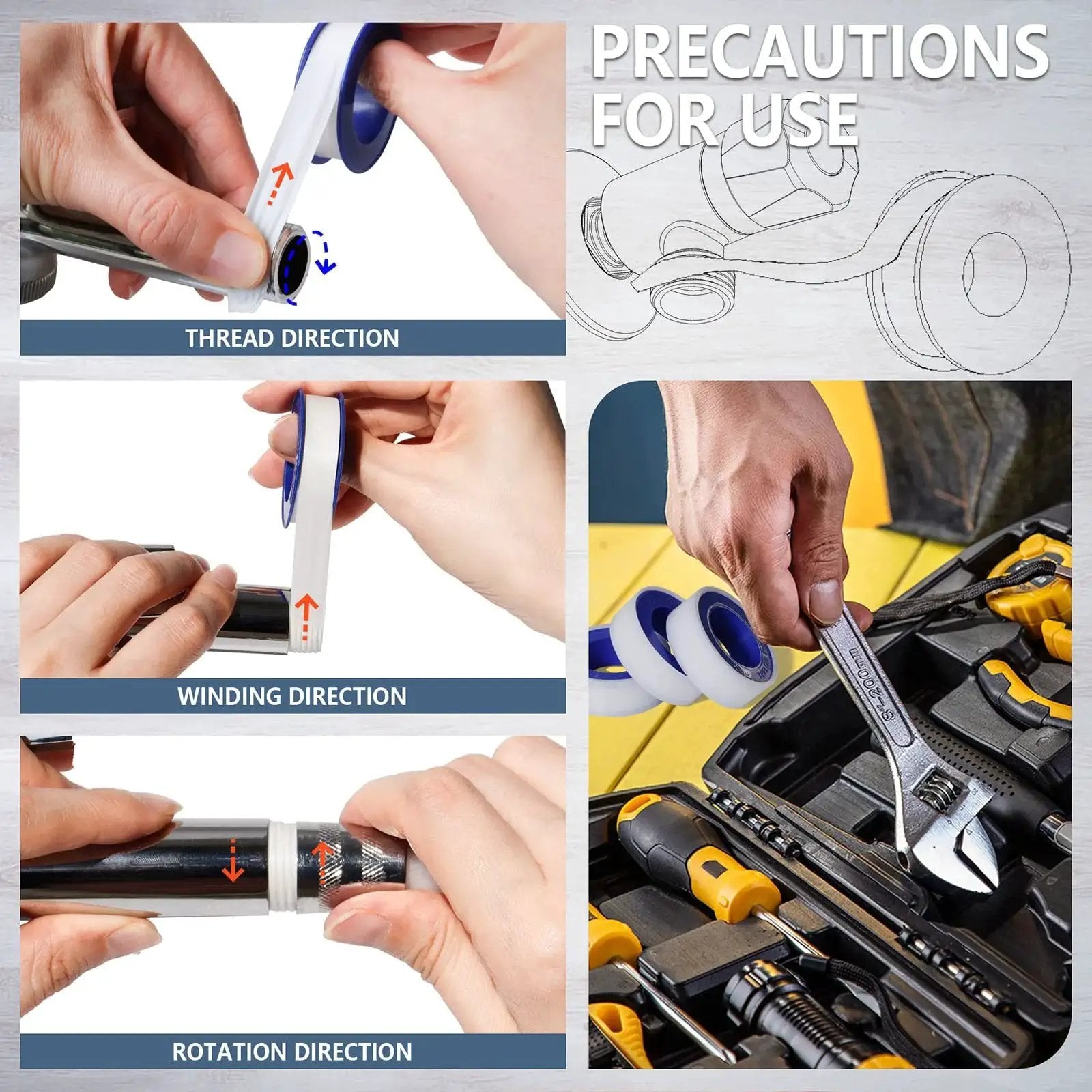 Instructional guide for Thicker PTFE Teflon Plumbers Tape Half Inch By 520 Inches Pack Of 8, showing application on pipes with tools.