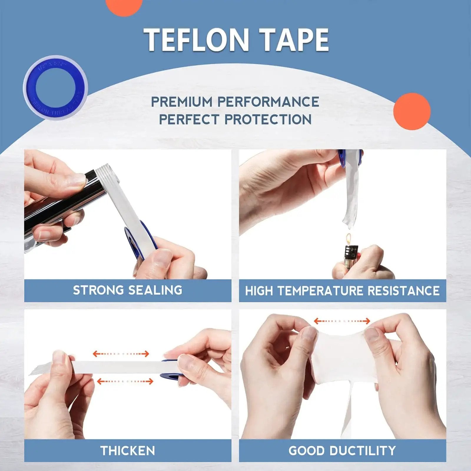 Thicker PTFE Teflon Plumbers Tape Half Inch By 520 Inches Pack Of 8 For Leak Proof Water Pipe Sealing, close-up features overview.
