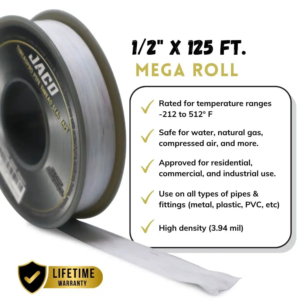 ThreadPro High Density PTFE Thread Seal Tape Mega Roll Half Inch By One Hundred Twenty Five Feet For Leak Proof Air Tight Seals