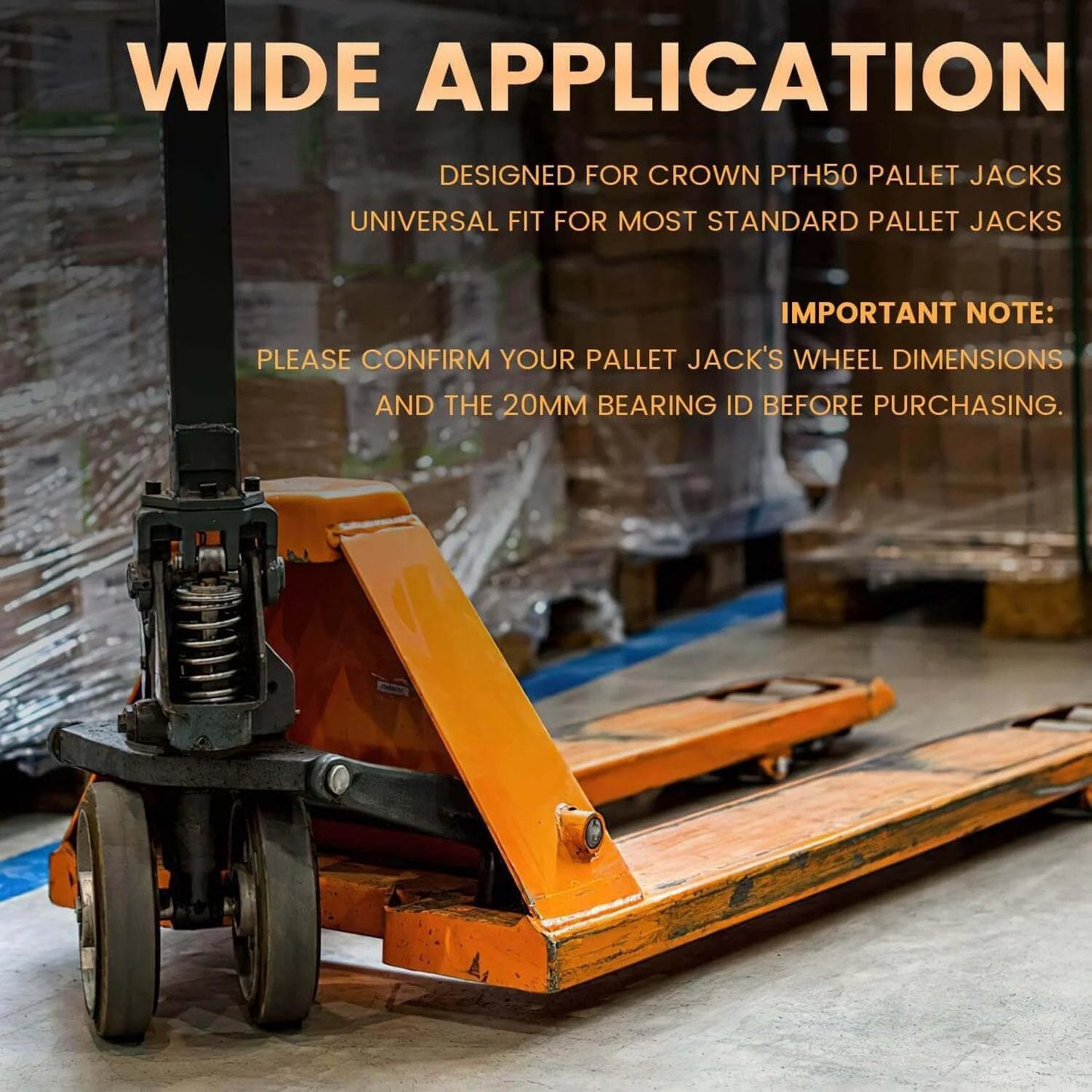 PTH50 Pallet Jack Wheel Replacement Kit Set complete for Crown PTH50 & most standard pallet jacks, shown in industrial setting.