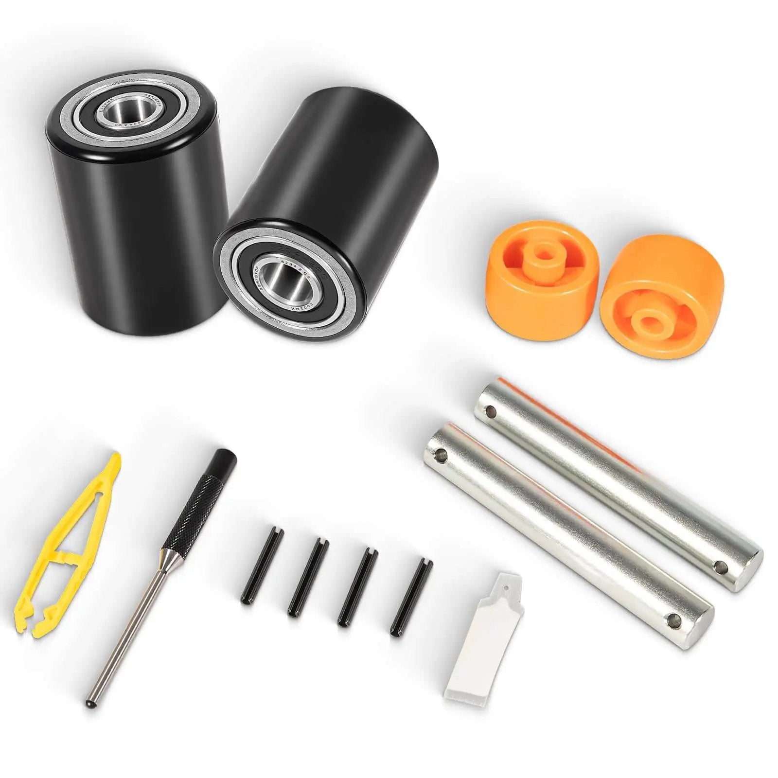 Front Load Wheel Replacement Kit For Crown PTH50 Pallet Jack with axles, bearings, hardware, black rollers, polyurethane tread.