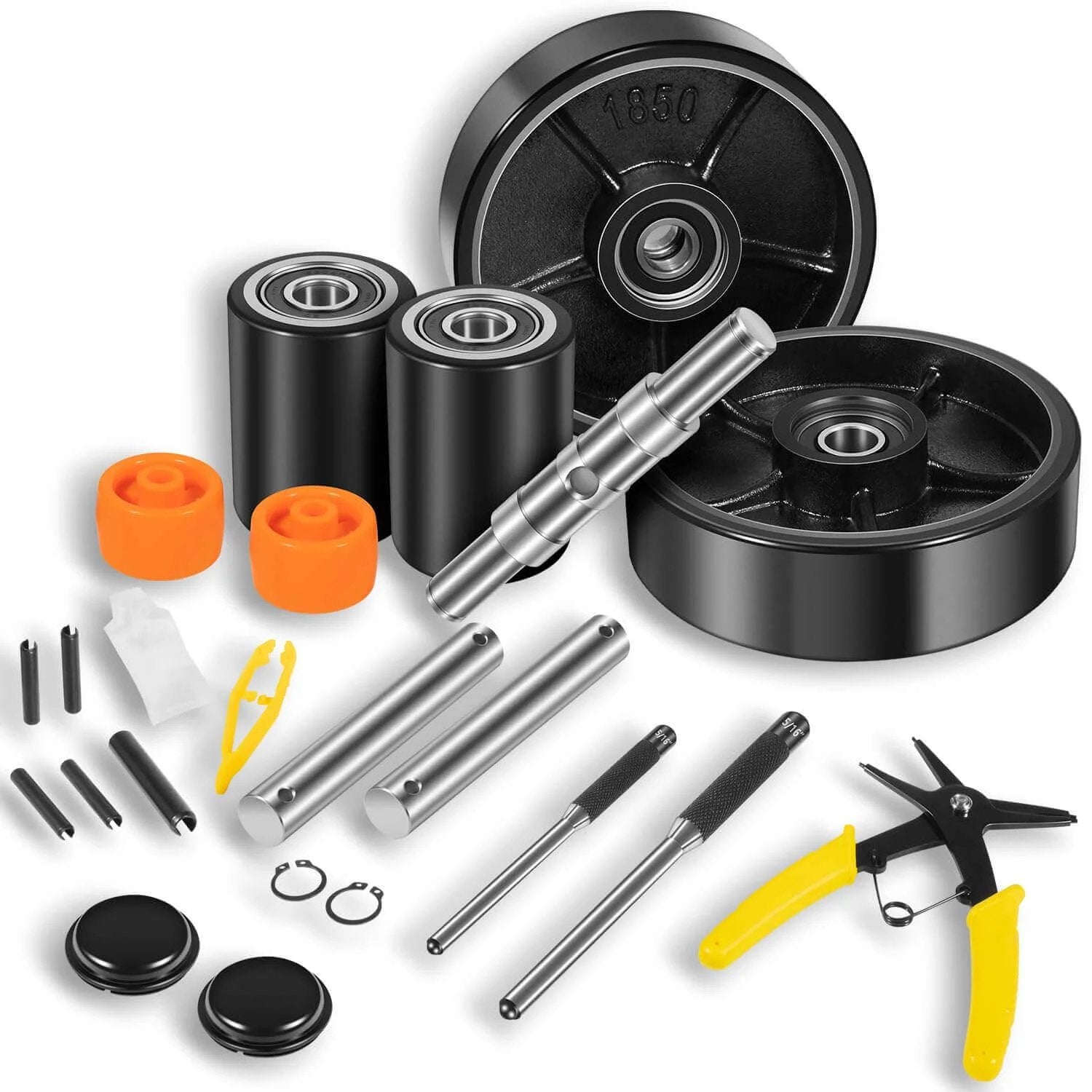 PTH50 Pallet Jack Wheel Replacement Kit Set complete for Crown PTH50 & most standard pallet jacks, including tools and components