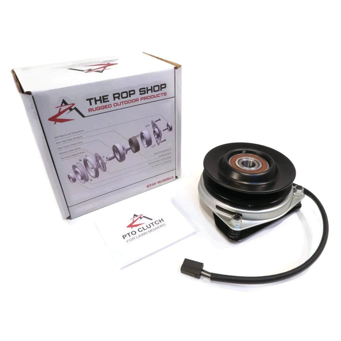PTO Clutch Counter Clockwise (CCW) with 1" Crankshaft, 5 5/16" Pulley Diameter next to branded product box