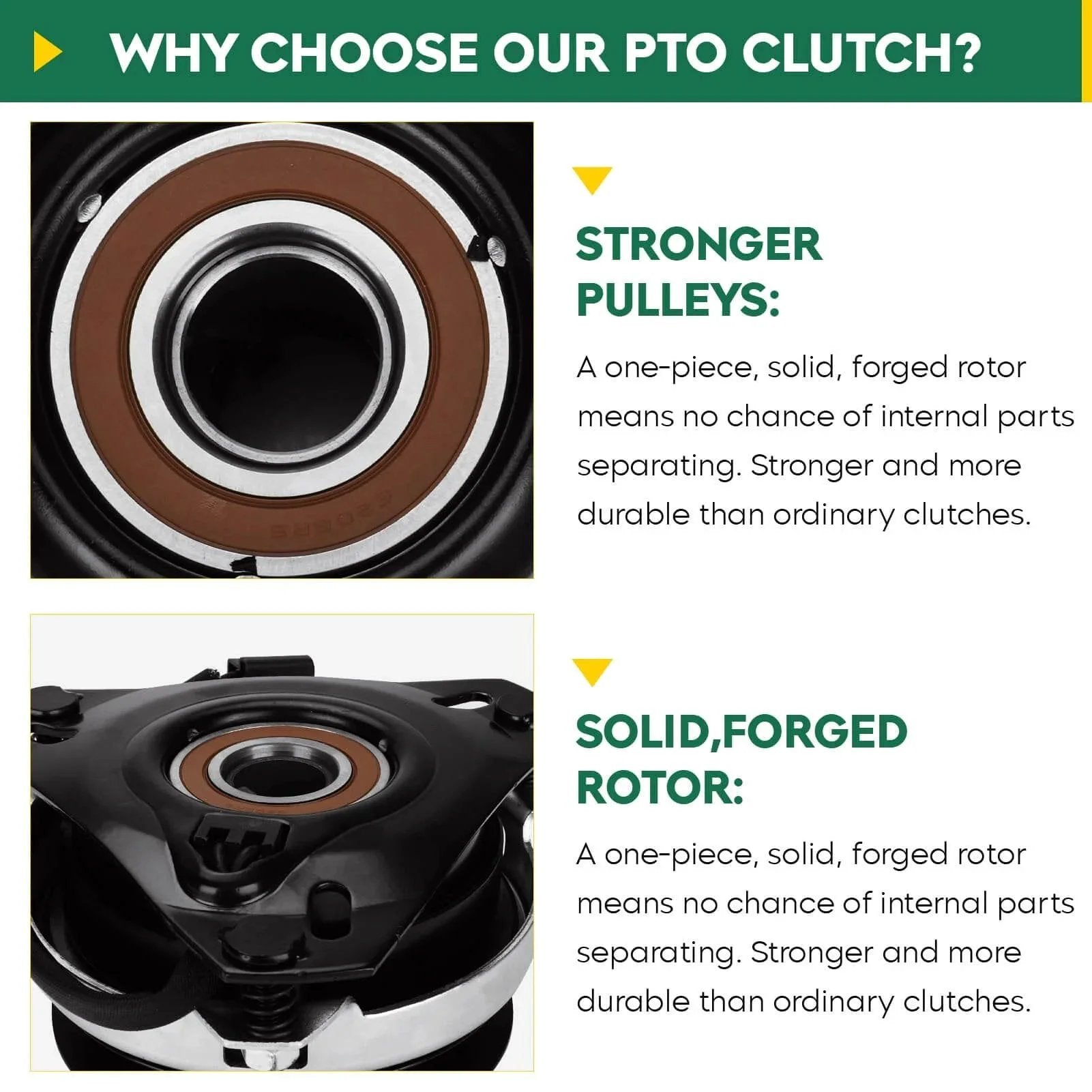 Close-up of PTO Clutch for Simplicity 1703816 Warner 5210-33 with strong pulleys and a solid, forged rotor