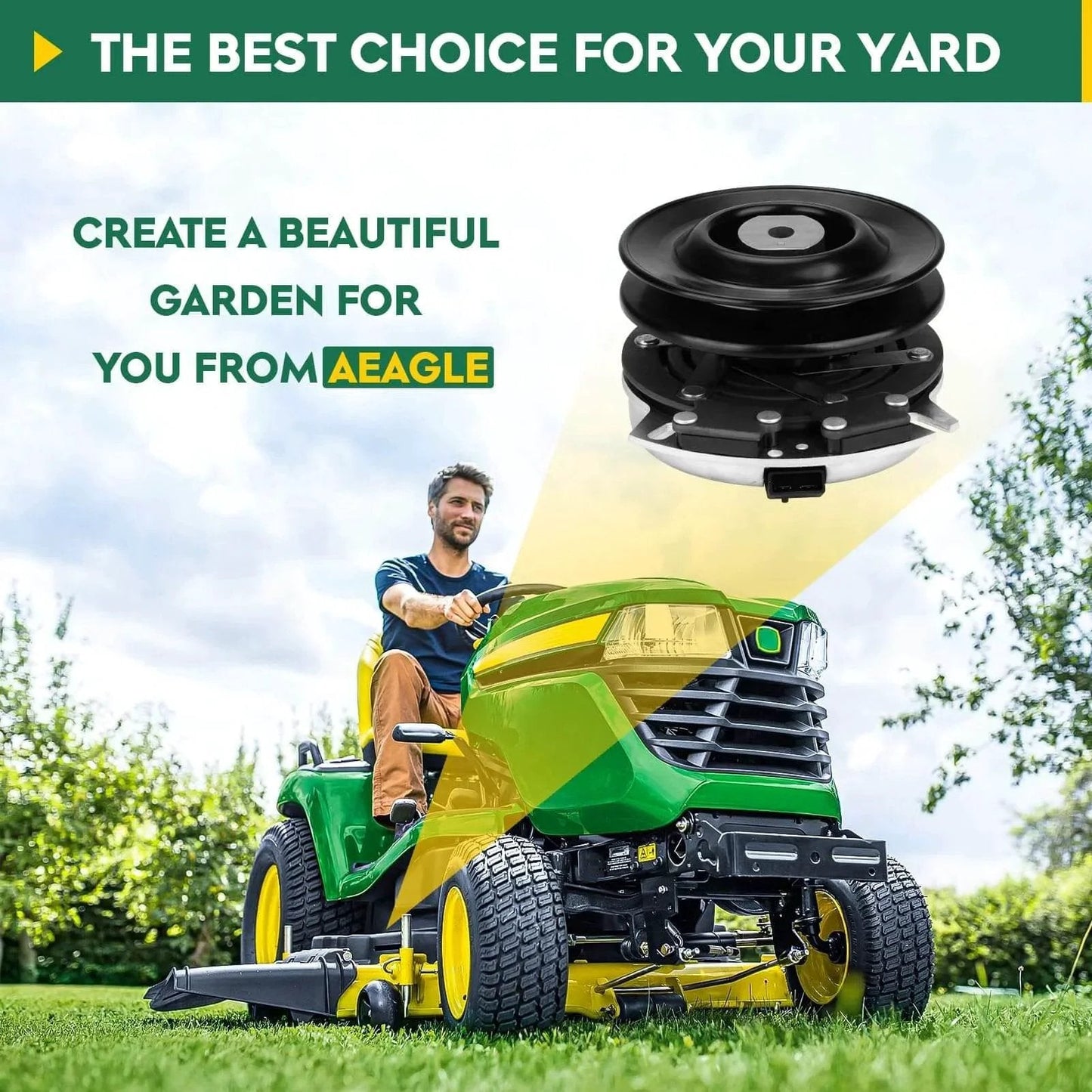 Man mowing lawn with tractor and PTO Clutch for Simplicity 1703816 Warner 5210-33 5215-59 Cub Cadet MTD 717-3036 917-3497 959-3230