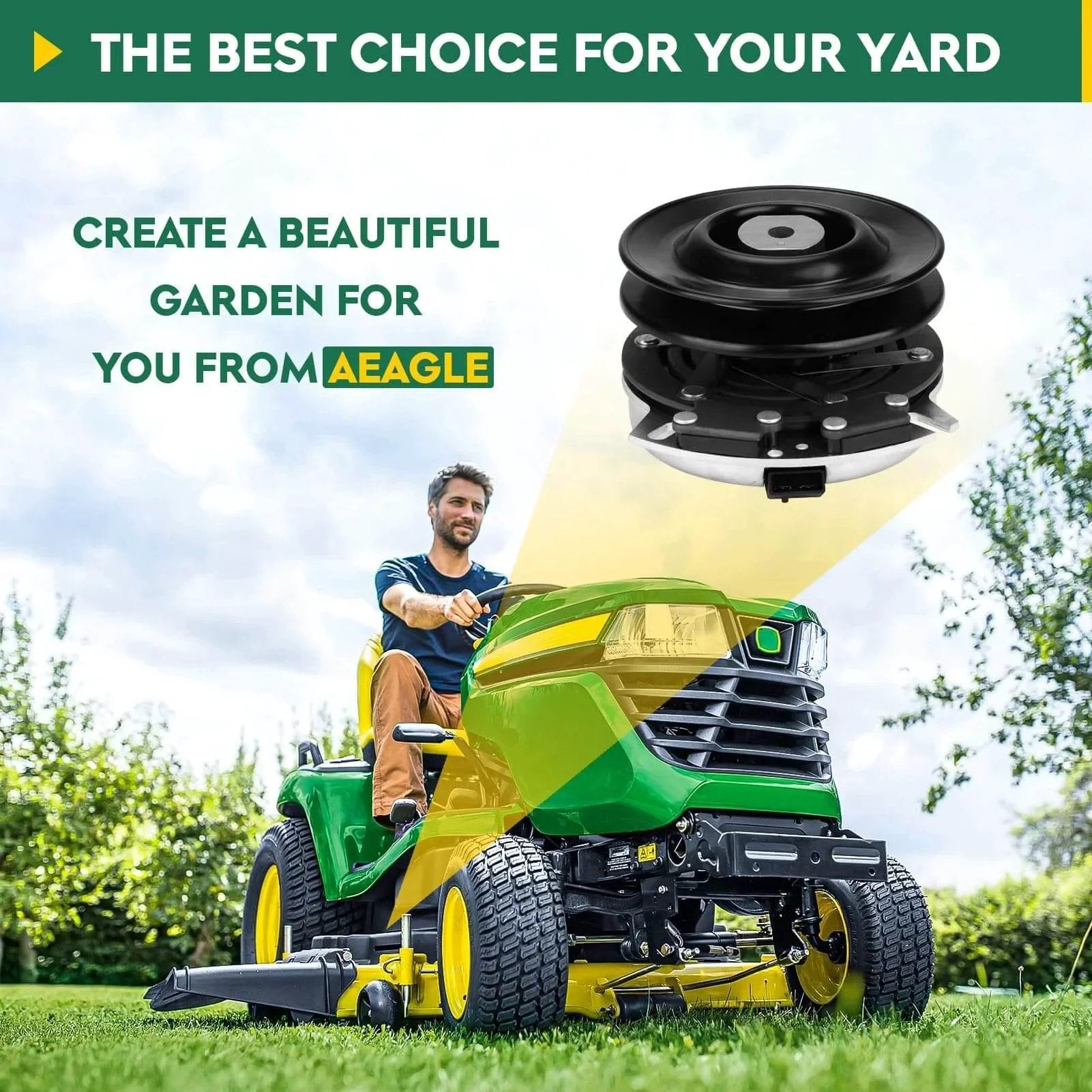 Man mowing lawn with tractor and PTO Clutch for Simplicity 1703816 Warner 5210-33 5215-59 Cub Cadet MTD 717-3036 917-3497 959-3230