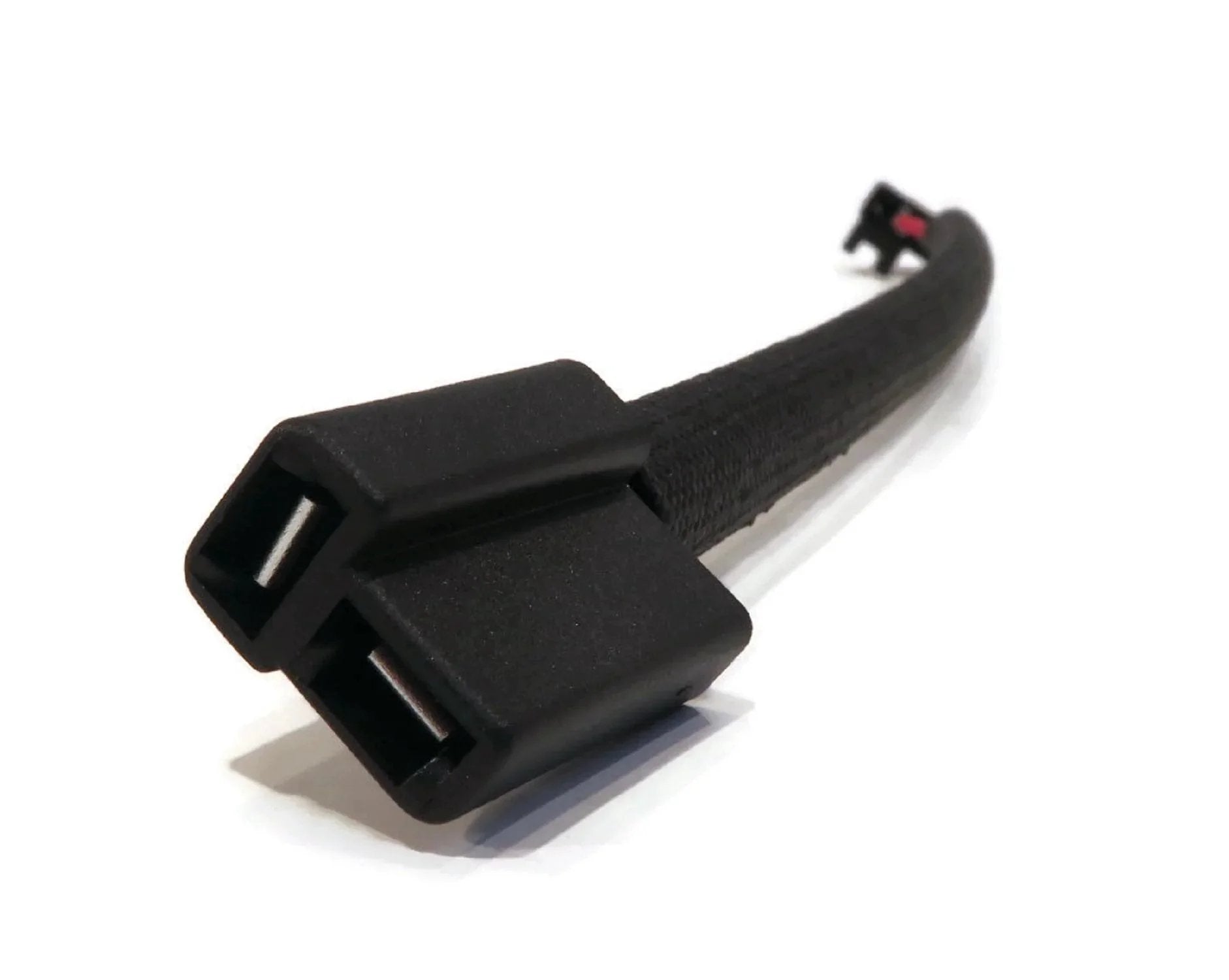 Close-up of electric PTO clutch cable for Exmark 104-3334, showing double connector and braided wire.