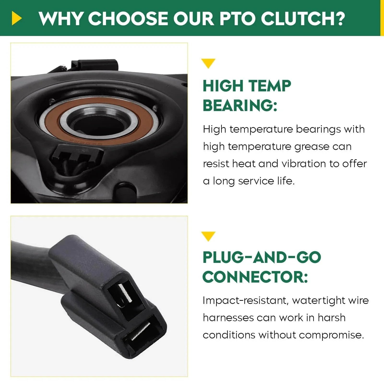 PTO Clutch for Simplicity 1703816 Warner 5210-33, close-up of high temp bearing and plug-and-go connector.