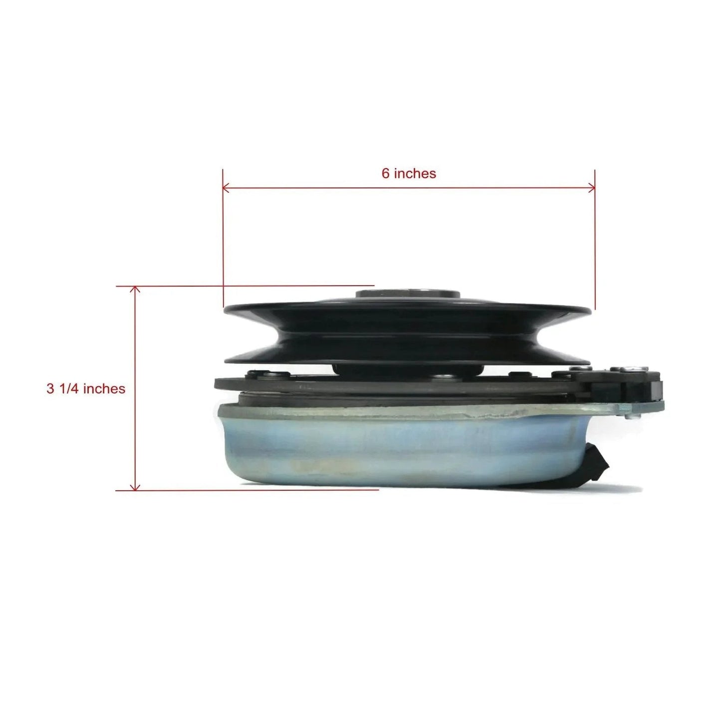 Side view of Electric Pto Clutch-Warner 5218-6 [ste][255-419], 6-inch pulley, 3.25-inch height, for PTO systems and tractors.