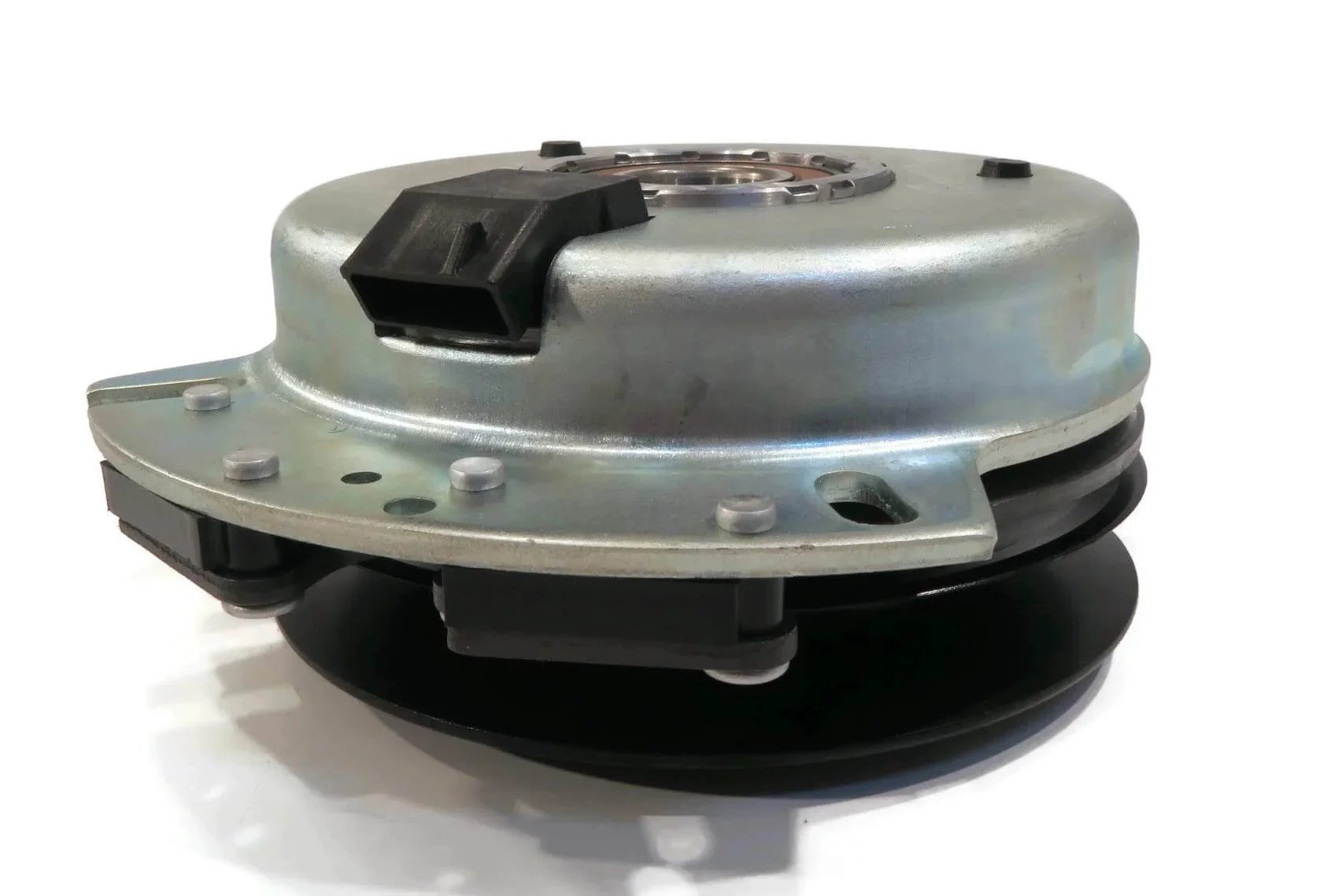 Side view of PTO Clutch with Wire Harness for Hustler FasTrak with 54" Deck 928291, 928502 showing metal body and pulley