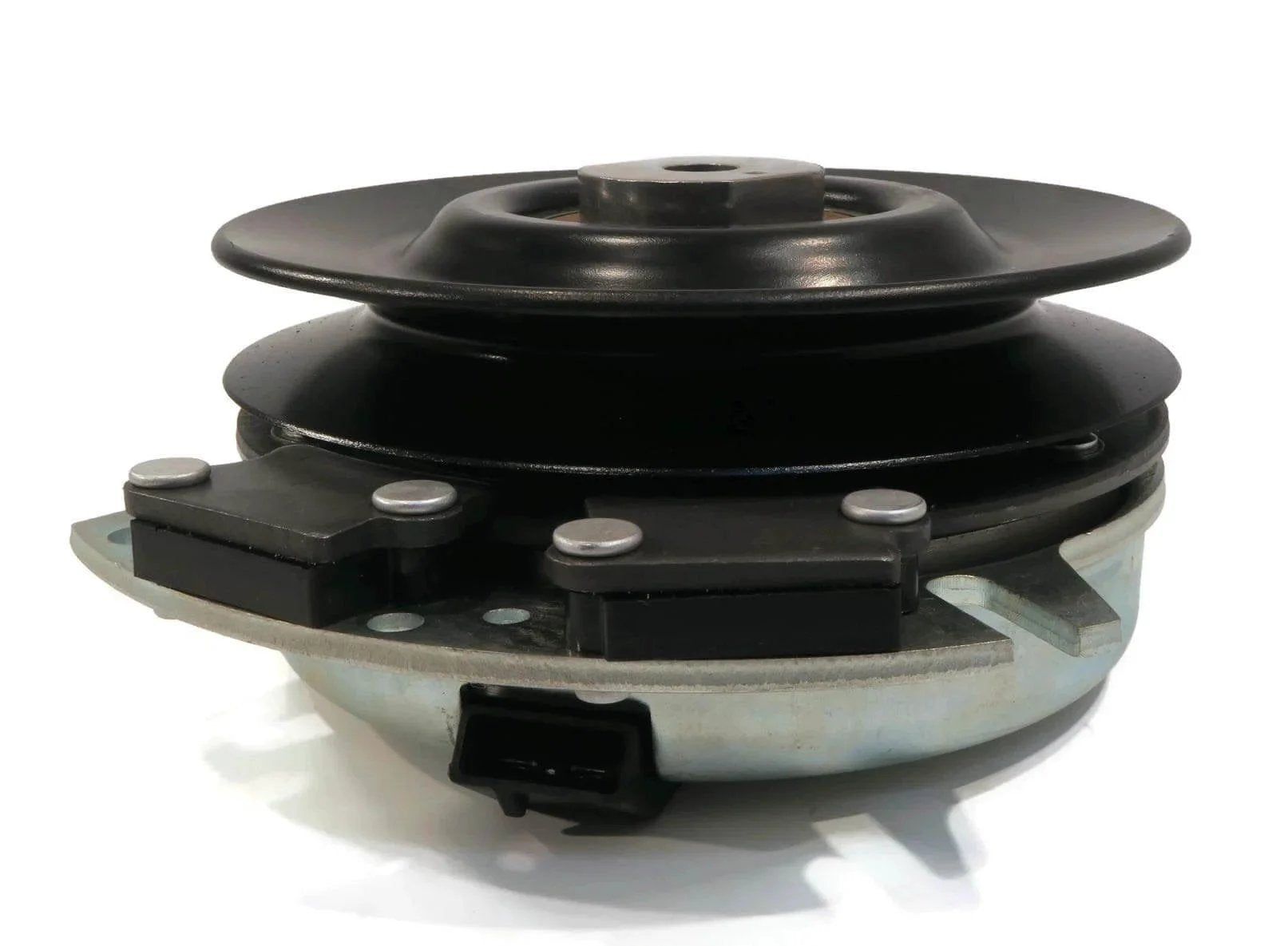 Side view of PTO Clutch with Wire Harness for Hustler FasTrak with 54" Deck 928291, 928502 showing black pulley and metal components.