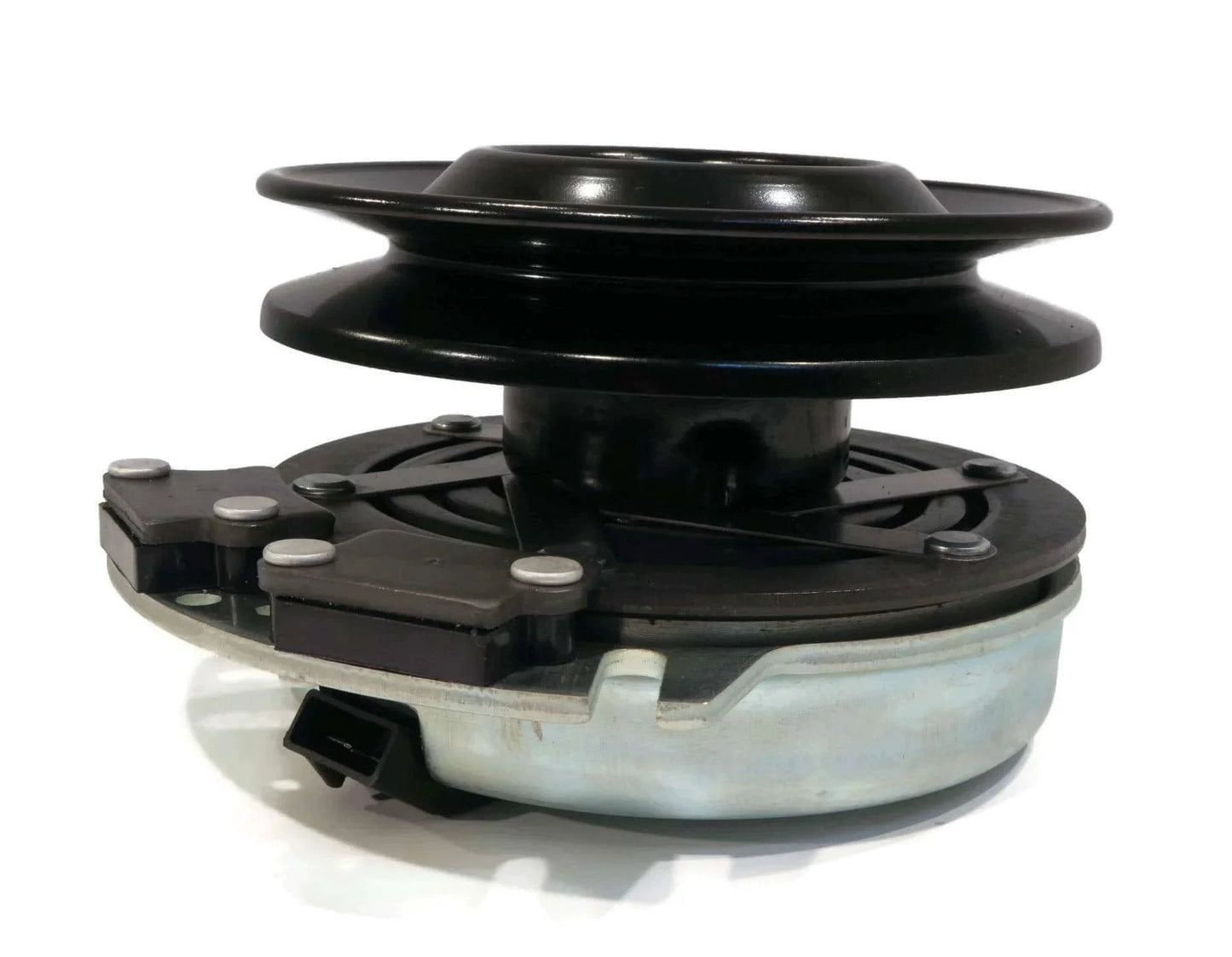 Side view of PTO Clutch & Wire Harness for Hustler TrimStar with 48" 17-19HP Kawasaki 930396, showing metal and black components