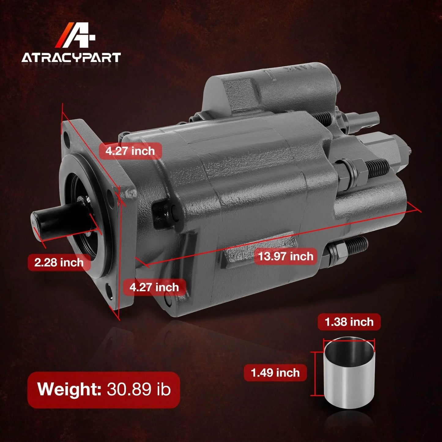 PTO Dump Pump Hydraulic Hydro Cylinder C102 Direct Mount with Air Shift Cylinder, side view showing dimensions and spline shaft