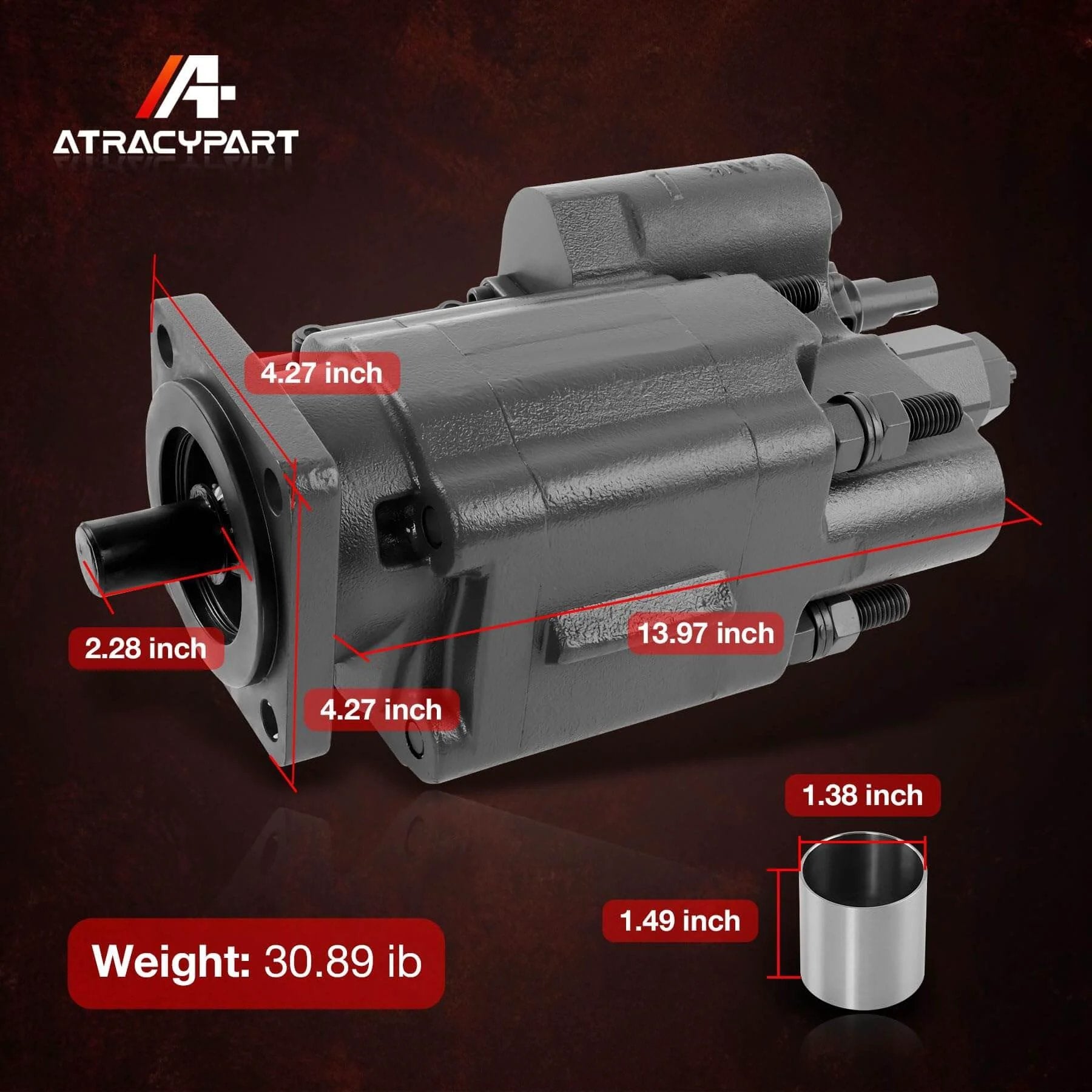 PTO Dump Pump Hydraulic Hydro Cylinder C102 Direct Mount with Air Shift Cylinder, side view showing dimensions and spline shaft