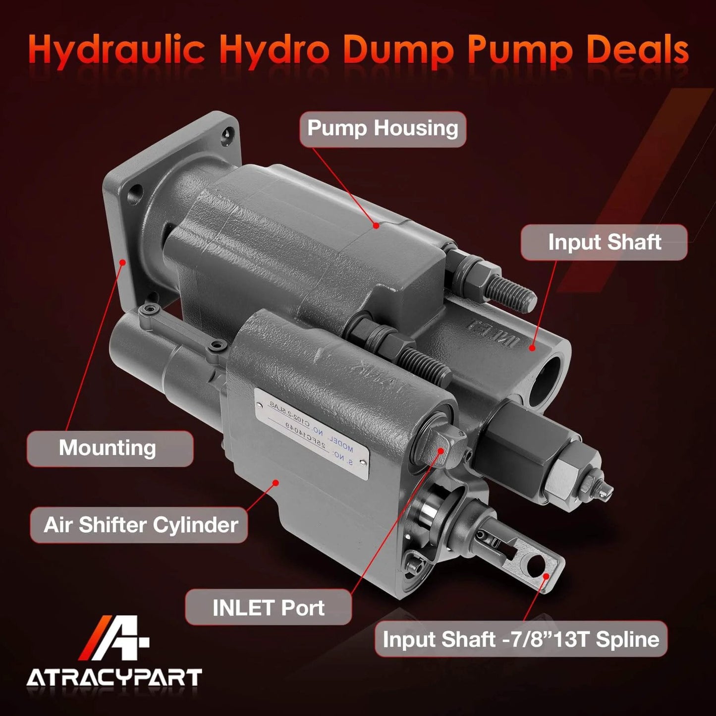 PTO Dump Pump Hydraulic Hydro Cylinder C102 Direct Mount with Air Shift Cylinder, 7/8" 13-Tooth Spline Shaft, 49 GPM