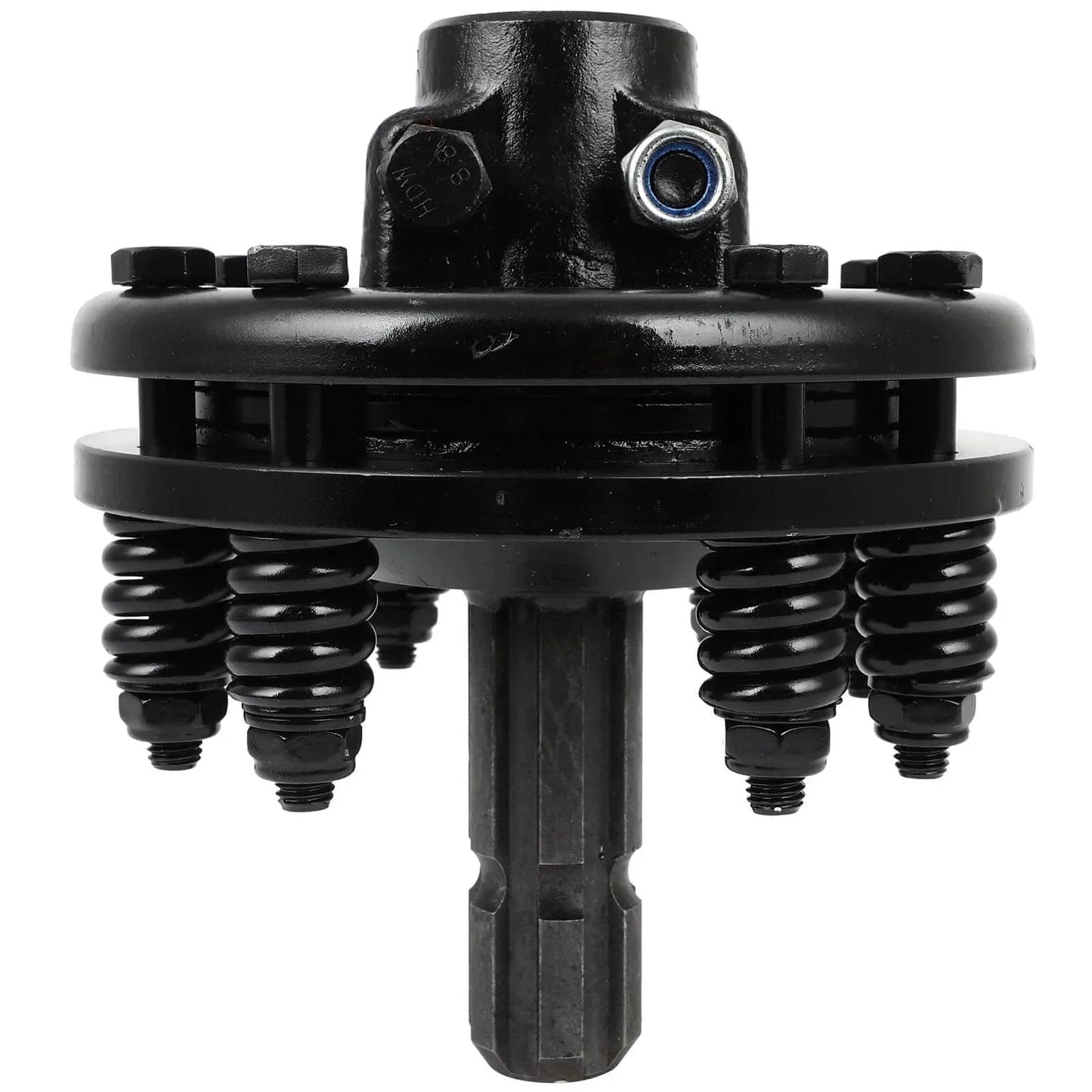Black PTO Slip Clutch, ACZCR 1-3/8" 6 Splines Both Ends Slip Clutch for rotary cutter, side view showing spring mechanism