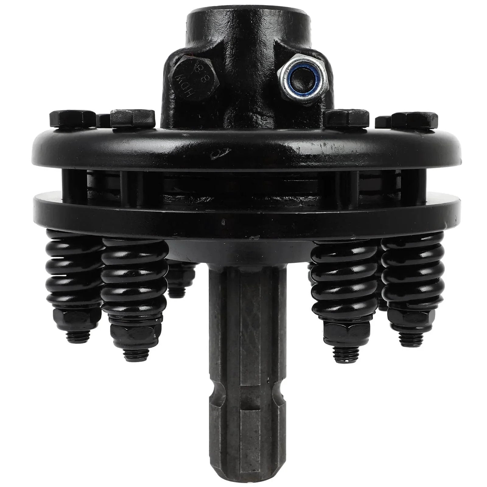Black PTO Slip Clutch, ACZCR 1-3/8" 6 Splines Both Ends Slip Clutch for rotary cutter, side view showing spring mechanism