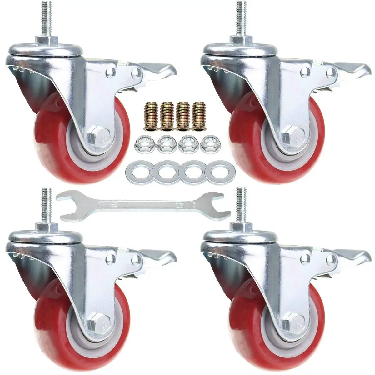 Heavy Duty Stem Caster Wheels With PU Castors For Quiet Smooth Operation No Noise 360 Degree Swivel Dual Locking Brakes M8-1.25x25mm Stem 3 Inch Casters Pack Of 4, includes mounting hardware and tools.
