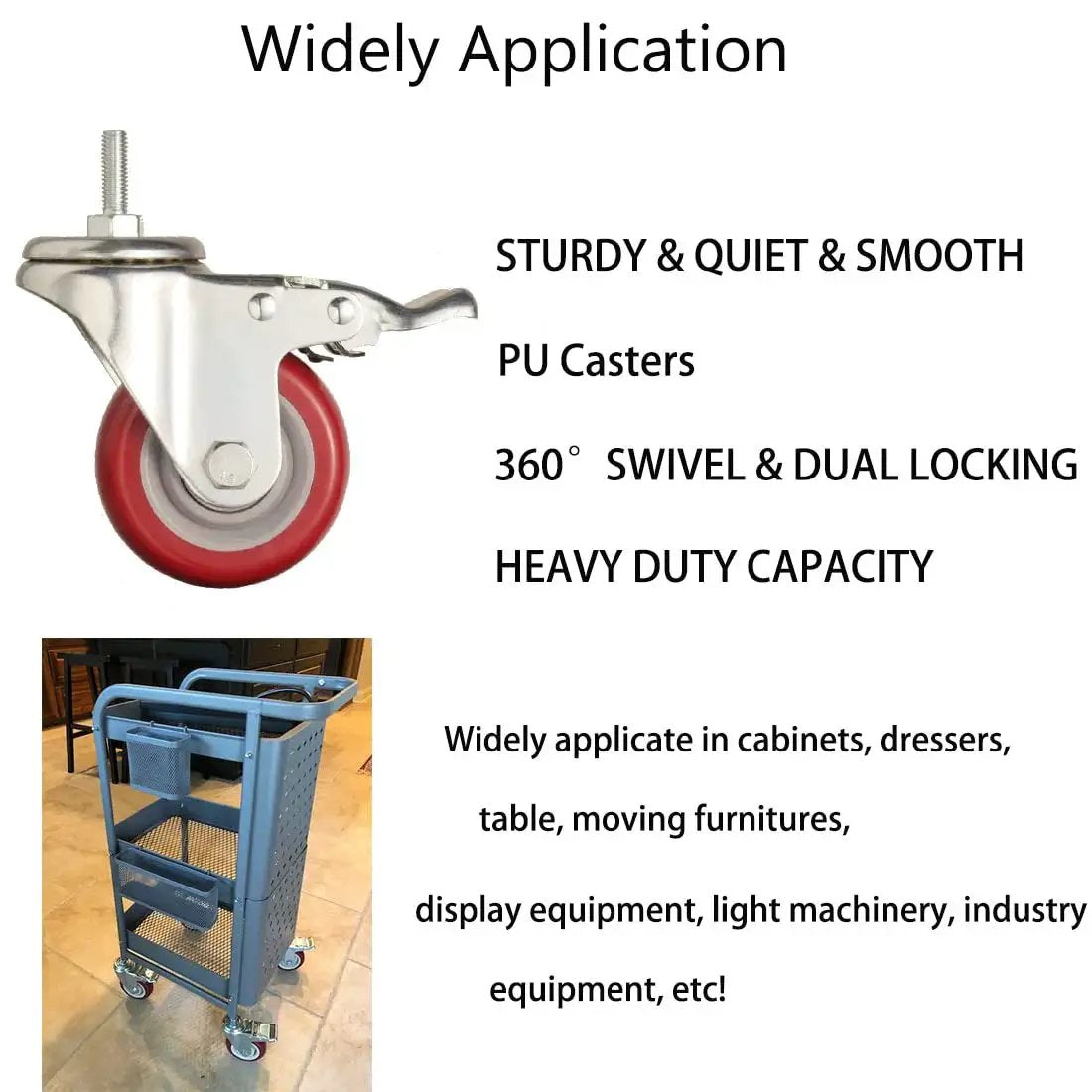 Heavy Duty Stem Caster Wheels With PU Castors For Quiet Smooth Operation No Noise 360 Degree Swivel Dual Locking Brakes shown installed on a cart