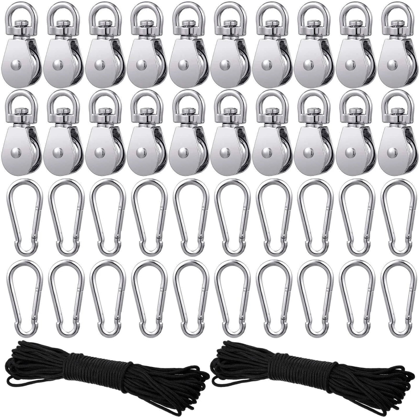 Pulley Block System Set, M20 Pulley Wheel Stainless Steel with 66ft Nylon Rope and Hooks, Swivel Lifting Wire Rope Cable Roller for Lifting Hanging(42 Pcs) on display