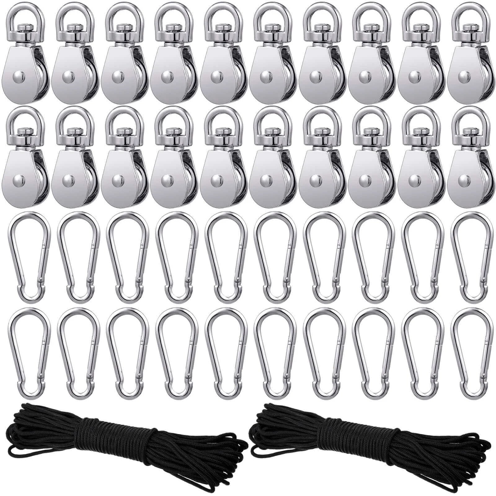 Pulley Block System Set, M20 Pulley Wheel Stainless Steel with 66ft Nylon Rope and Hooks, Swivel Lifting Wire Rope Cable Roller for Lifting Hanging(42 Pcs) on display