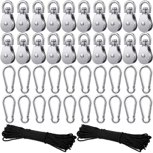 Pulley Block System Set, M20 Pulley Wheel Stainless Steel with 66ft Nylon Rope and Hooks, Swivel Lifting Wire Rope Cable Roller for Lifting Hanging(42 Pcs) on display