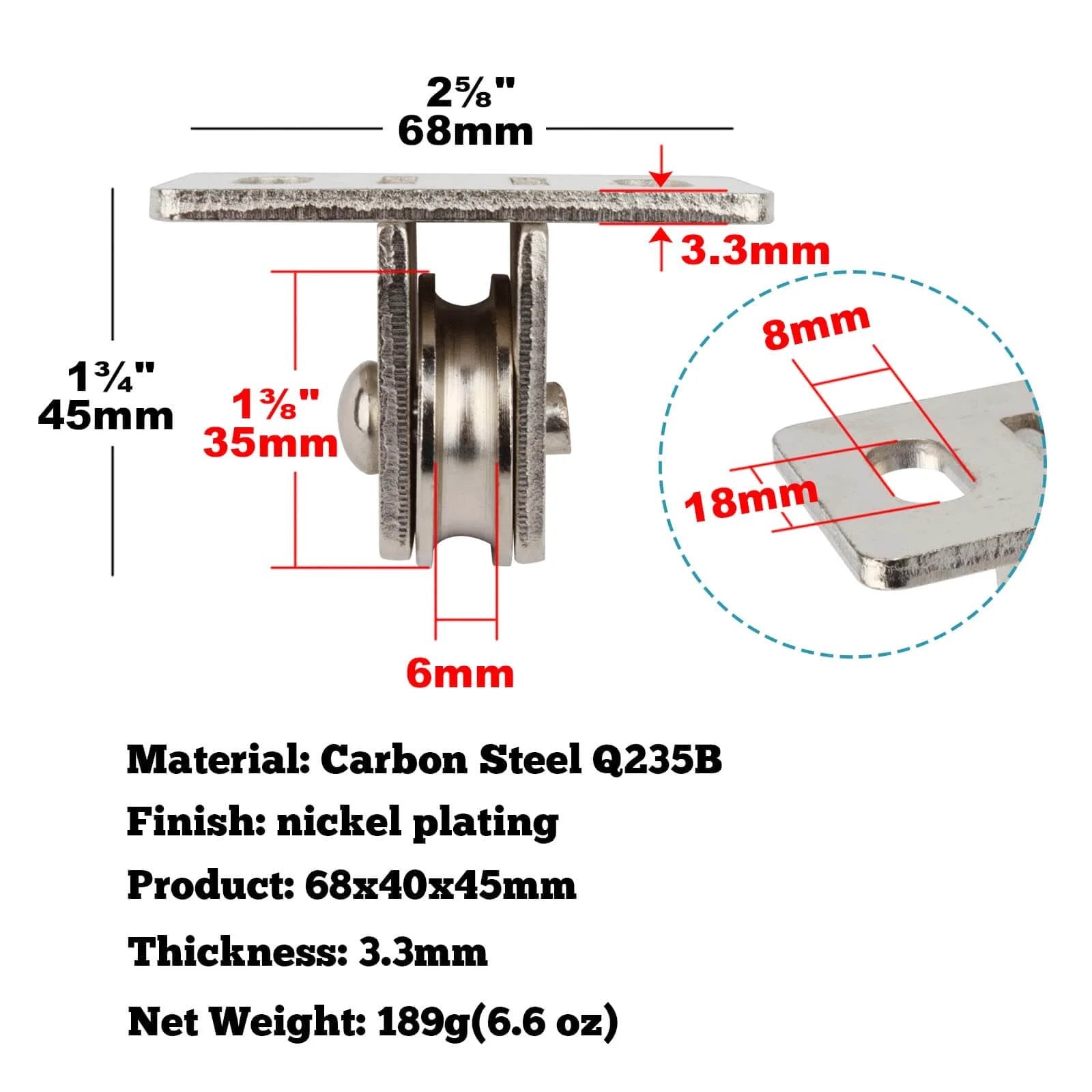 Side view of 4 Pcs 1-3/8" Pulley Block, Single Bearing Silent for 3/16" Cord, Max Load 330 lb, dimensions and carbon steel material visible