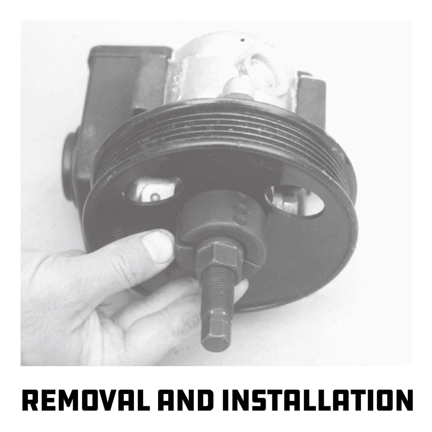 Hand using Power Steering and Alternator Pulley Remove and Install Tool Set on vehicle steering pump for car repair