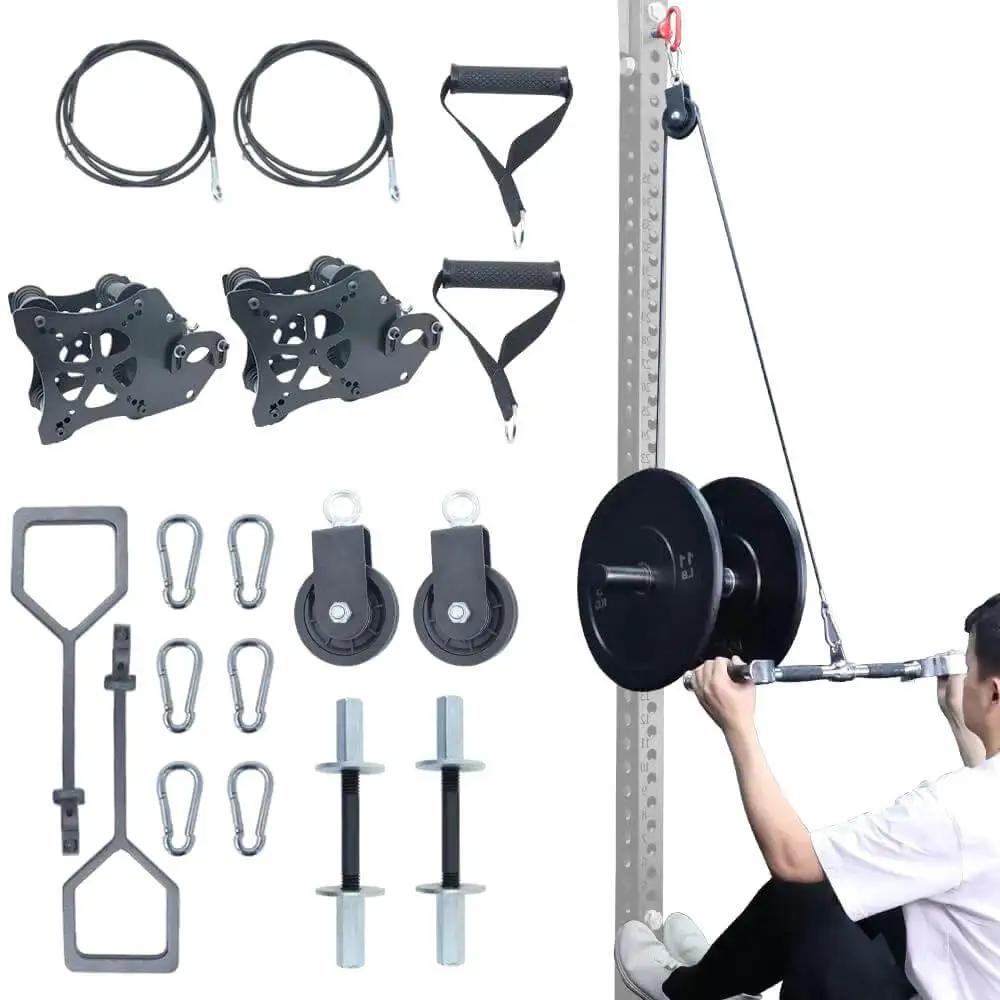 Pulley System For Gym Power Rack Attachments Smith Machine Cable Crossovers Kit with 2-inch bars and weight plates visualized.