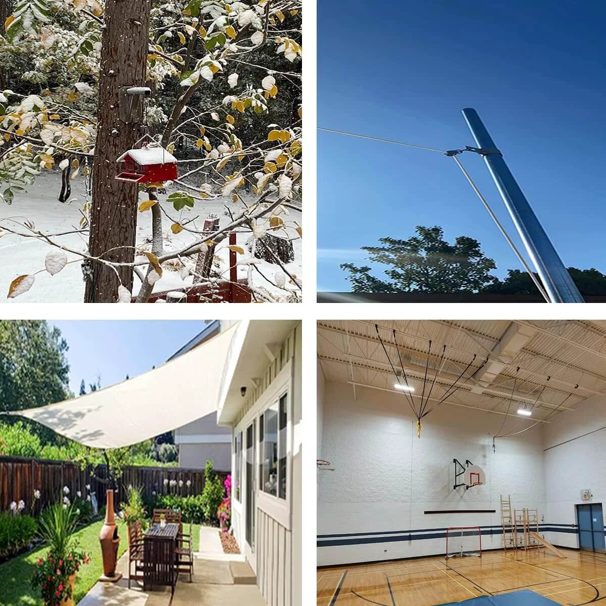 Collage of outdoor settings: snowy garden with birdhouse, pole with wire against blue sky, backyard with sunshade, indoor gym ceiling.