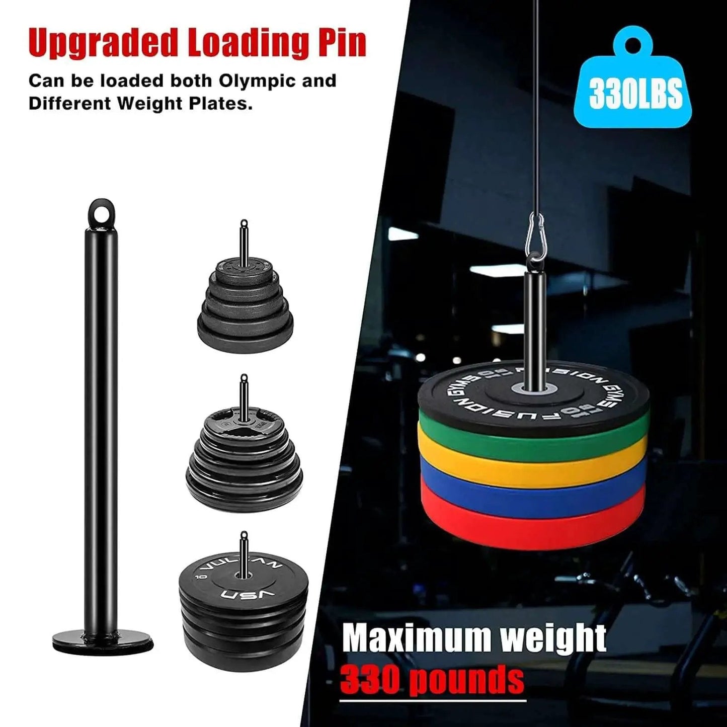 Upgraded Loading Pin for 330 lbs Cable Pulley System with weights shown in gym setup