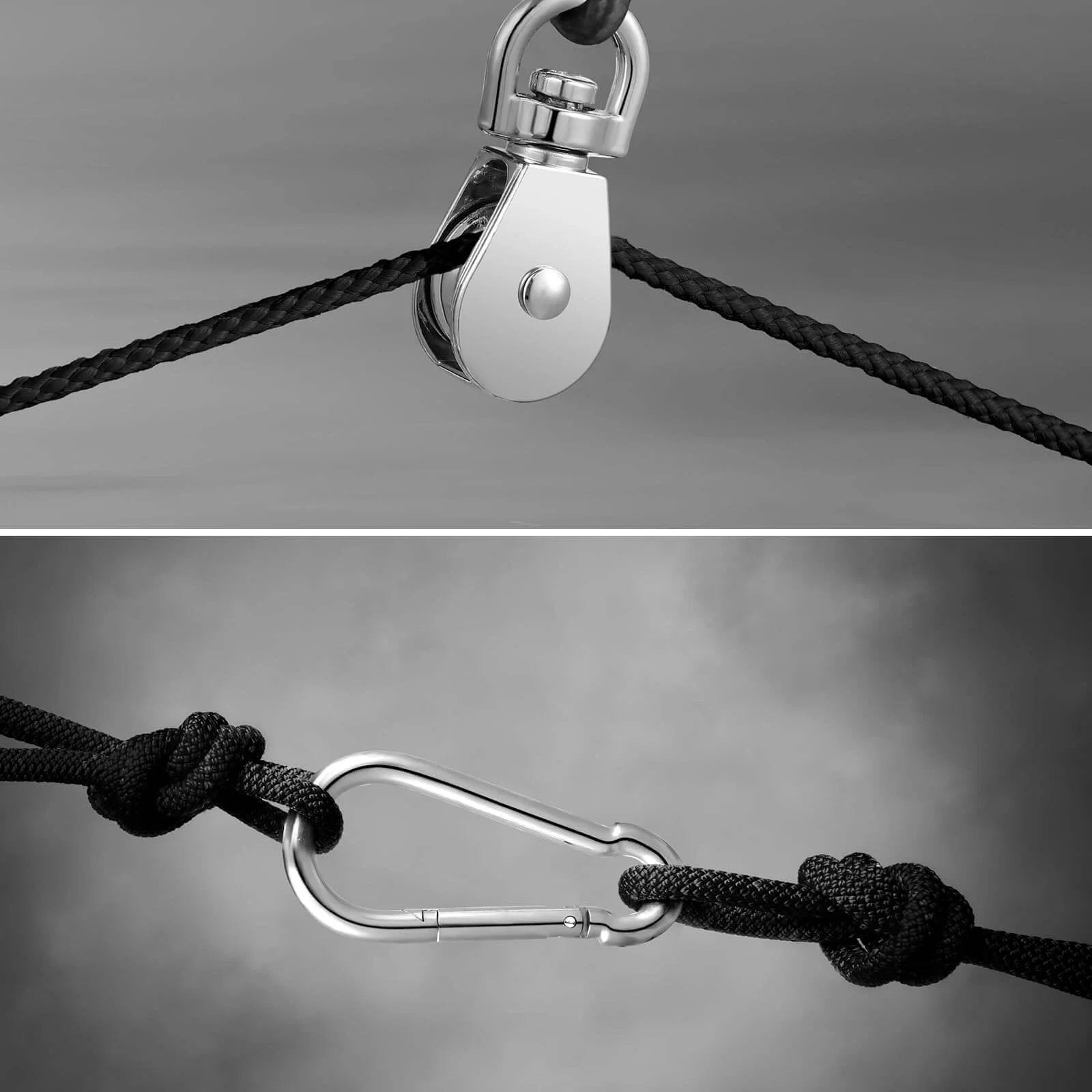 Close-up of Pulley Block System Set, M20 Pulley Wheel Stainless Steel with 66ft Nylon Rope and Hooks, showing pulley and clip.
