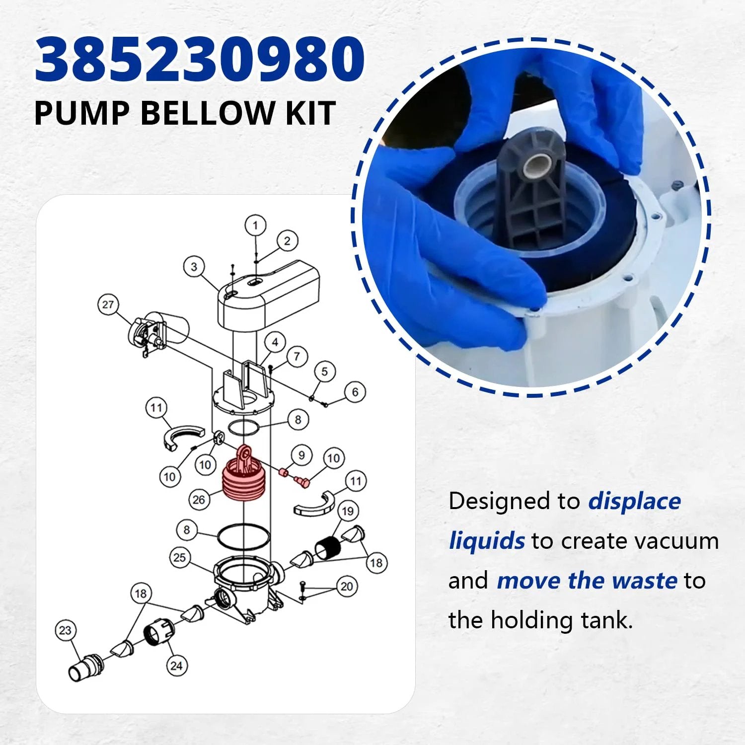 Diagram of Universal Toilet Pump Bellow Kit For Dometic Sealand VG VHT Series Vacuflush S Series J Series, model 385230980.